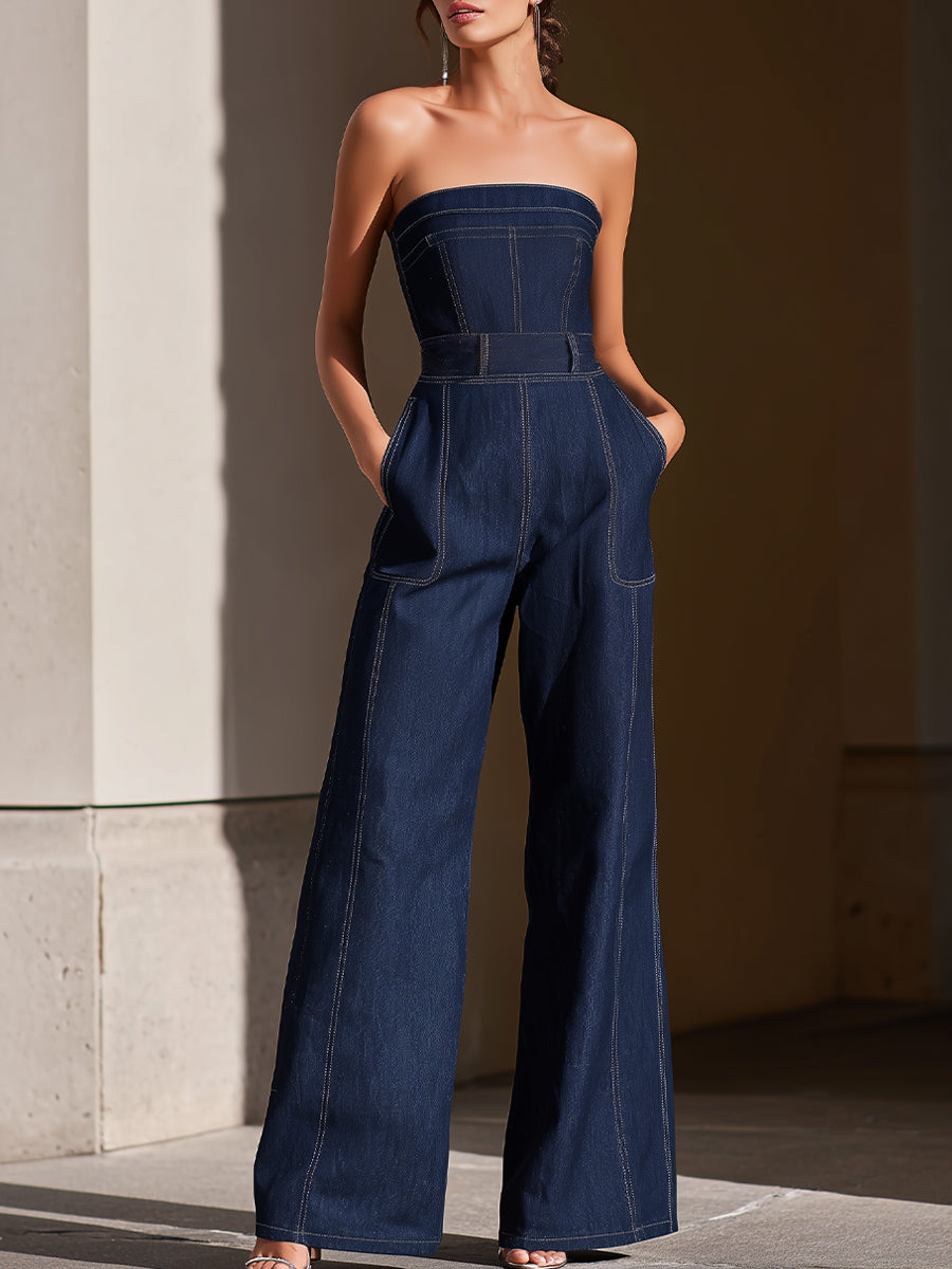 Dark Denim Strapless Wide-Leg Jumpsuit - Dark Blue