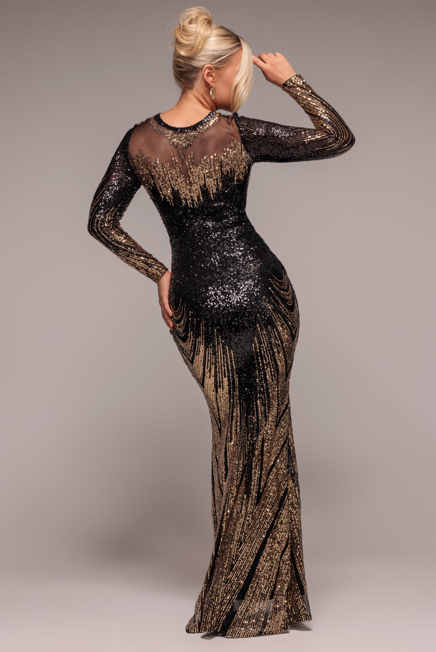 Goddiva Long Sleeve Aztec Sequin Maxi Dress - Gold