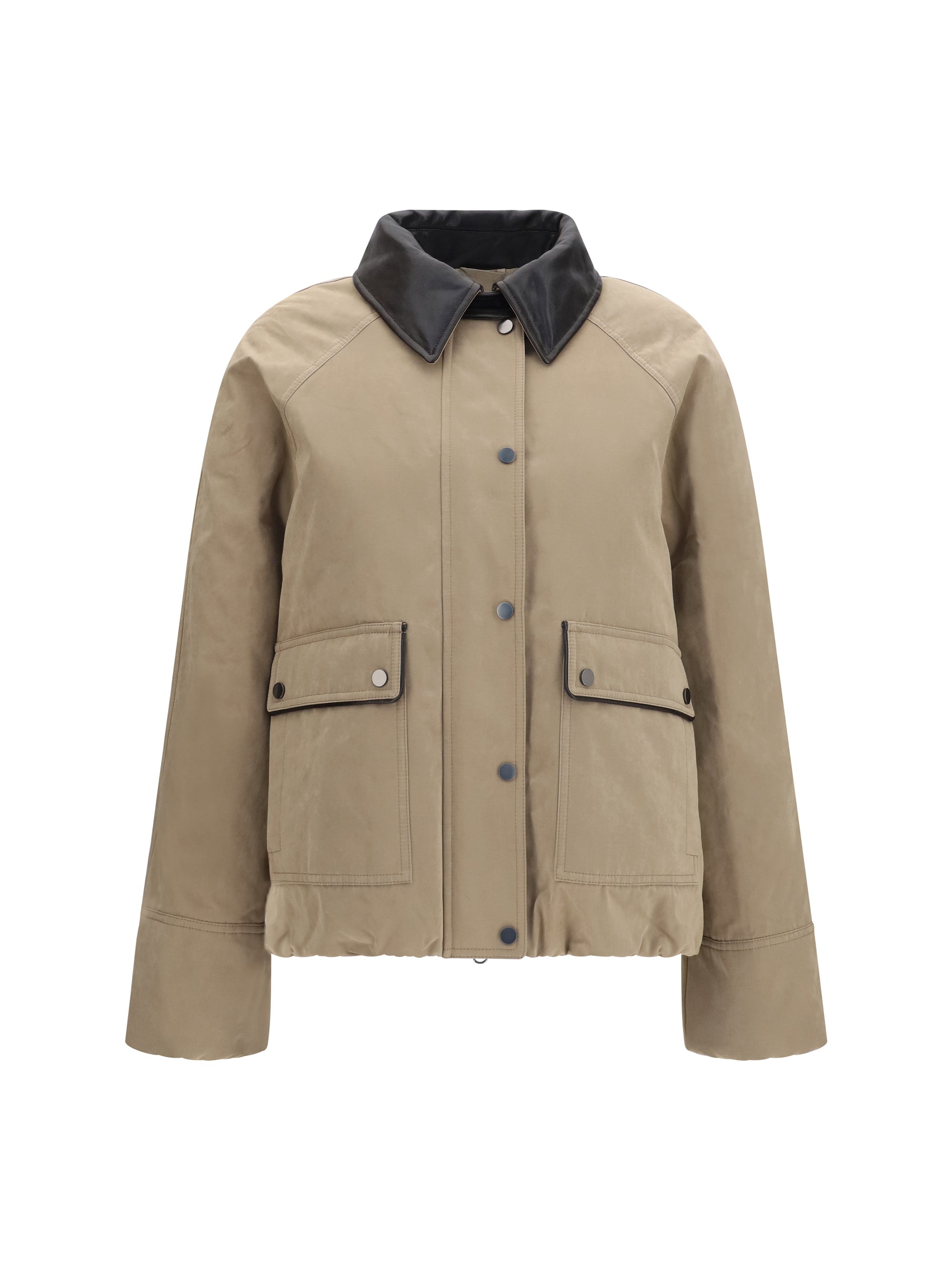 Leather-Collar Padded Down Jacket — Beige