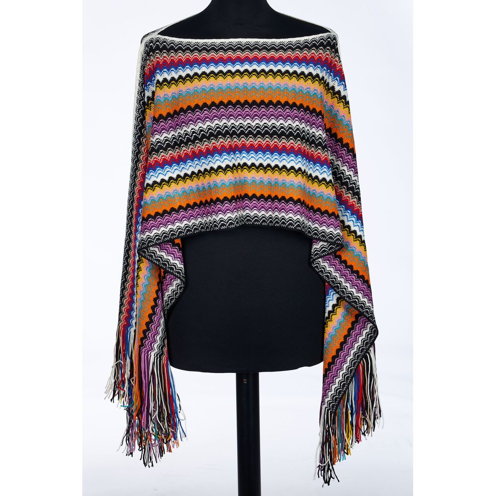 Geometric Knit Fringe Poncho — Multicolor