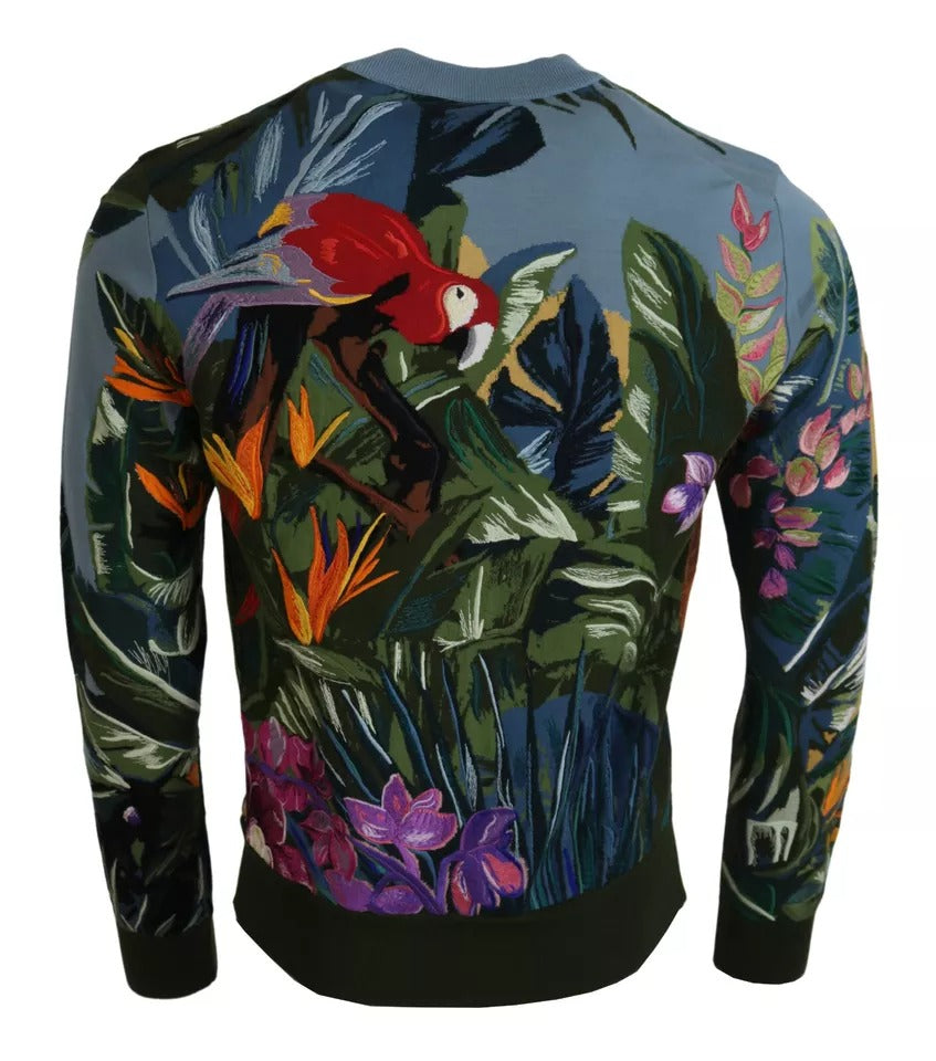 Jungle Embroidered Wool-Silk Sweater — Navy