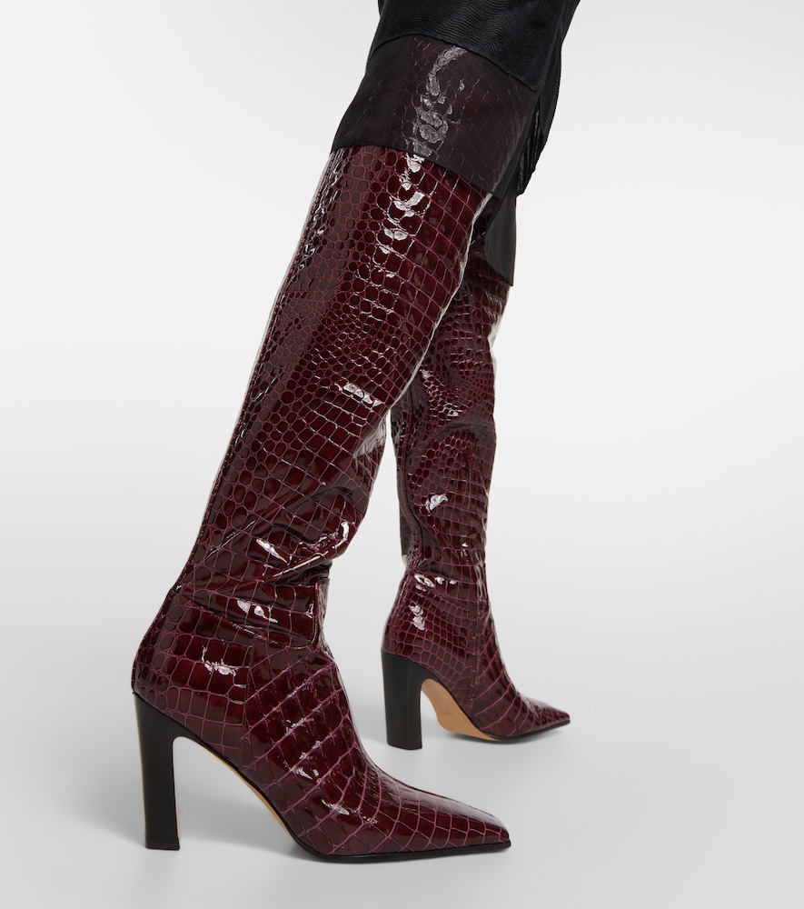Snake-effect leather knee-high boots