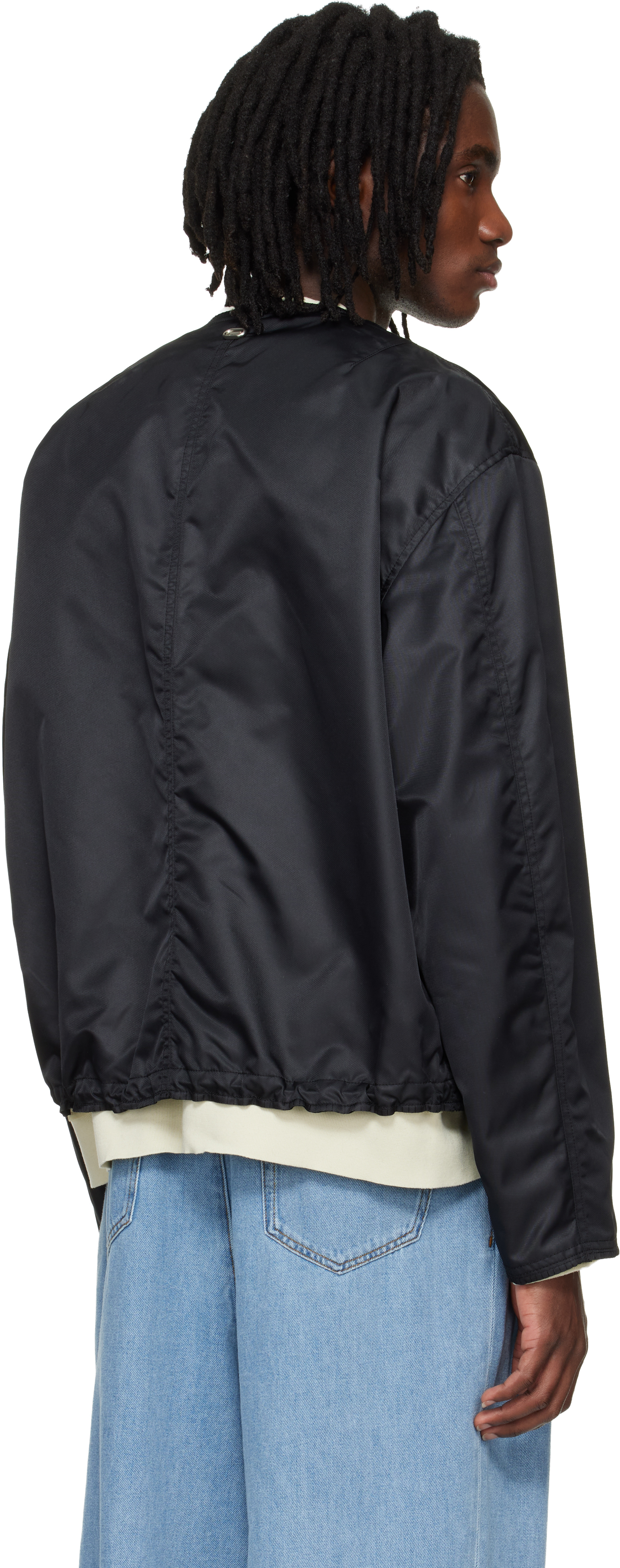 Black Layered Collarless Reversible Bomber Jacket