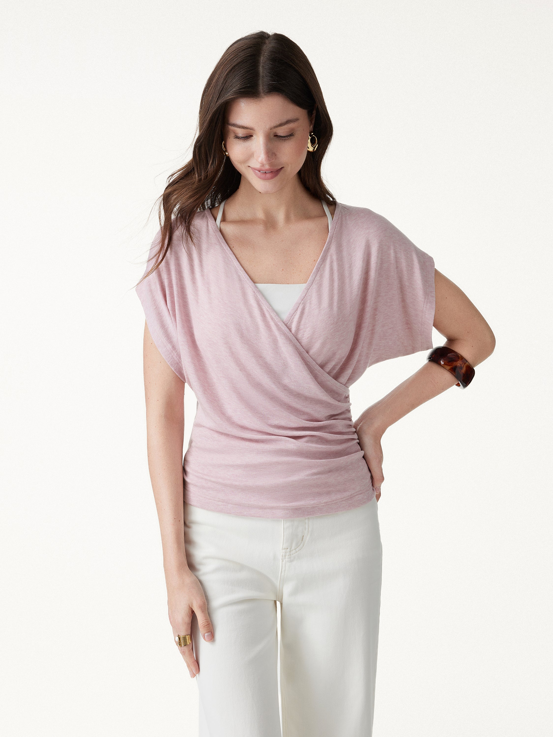 Summer Lyocell Wool Suprlice Ruched Short Sleeve Top - Heather Light Pink