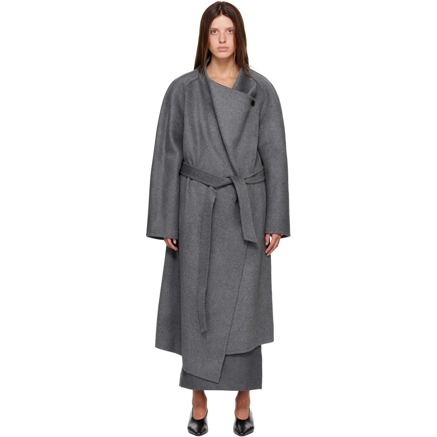 Gray Porin Draped Button Wool Cash Coat