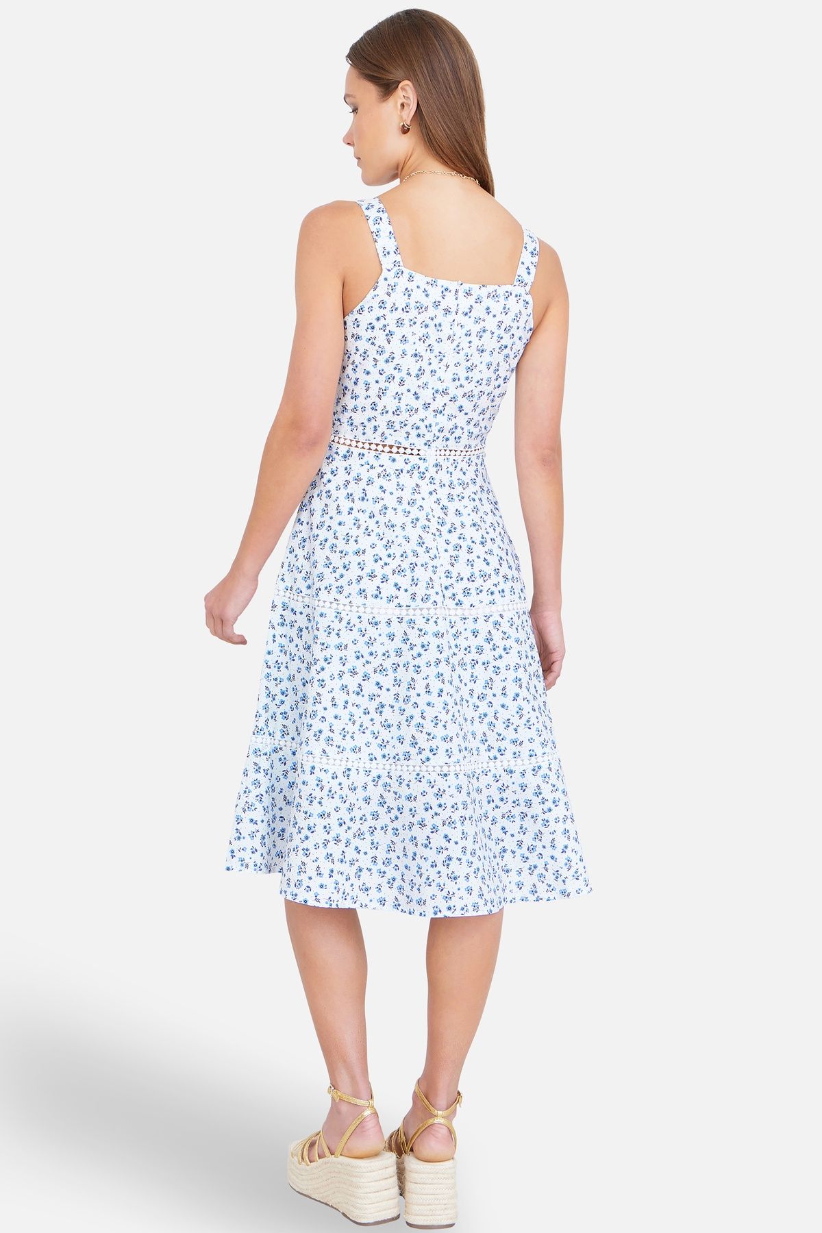 Yumi White Ditsy Floral Cotton Midi Sun Dress With Lace Trims In Cool White