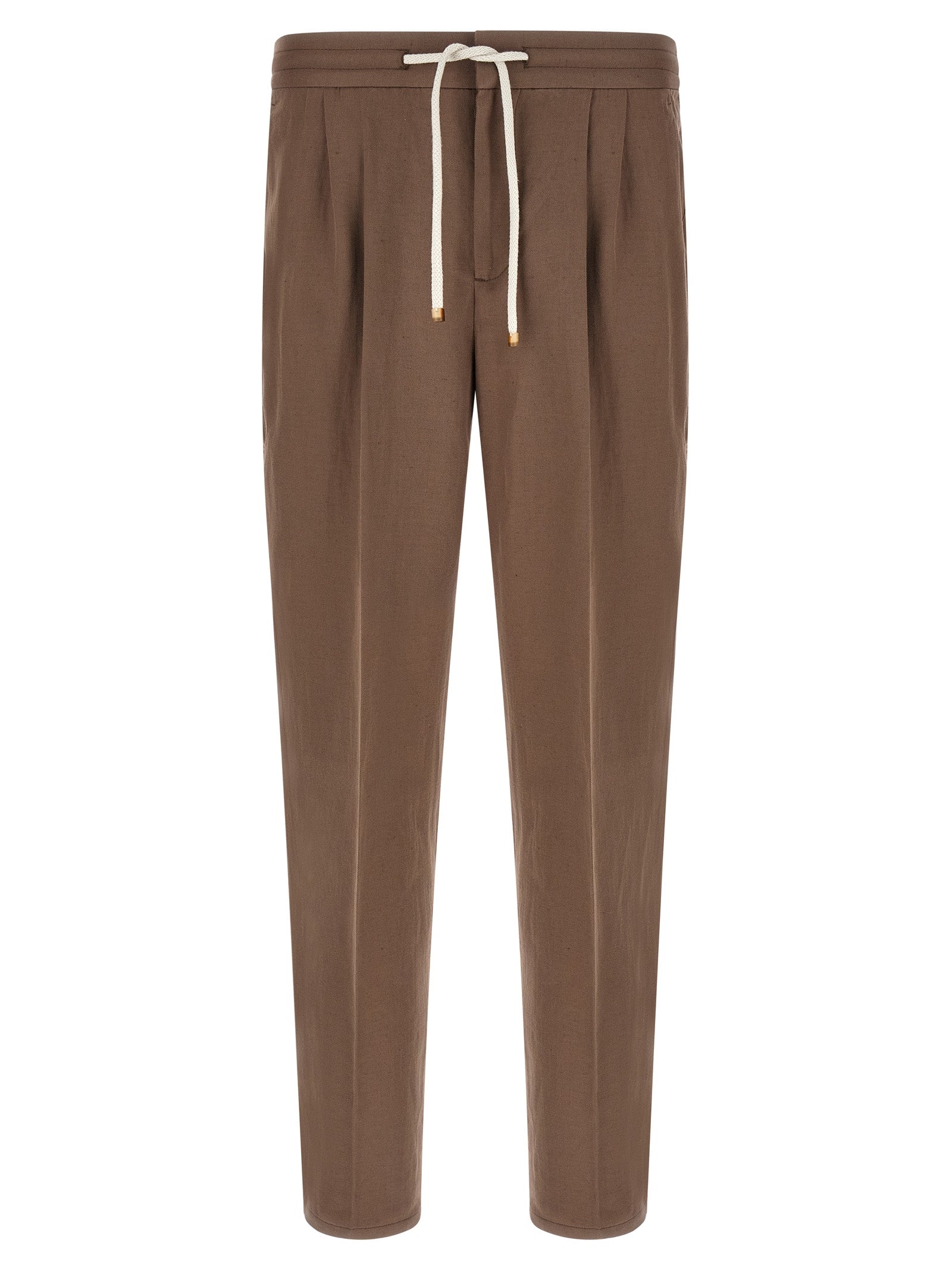 Linen-Cotton Blend Trousers — Brown