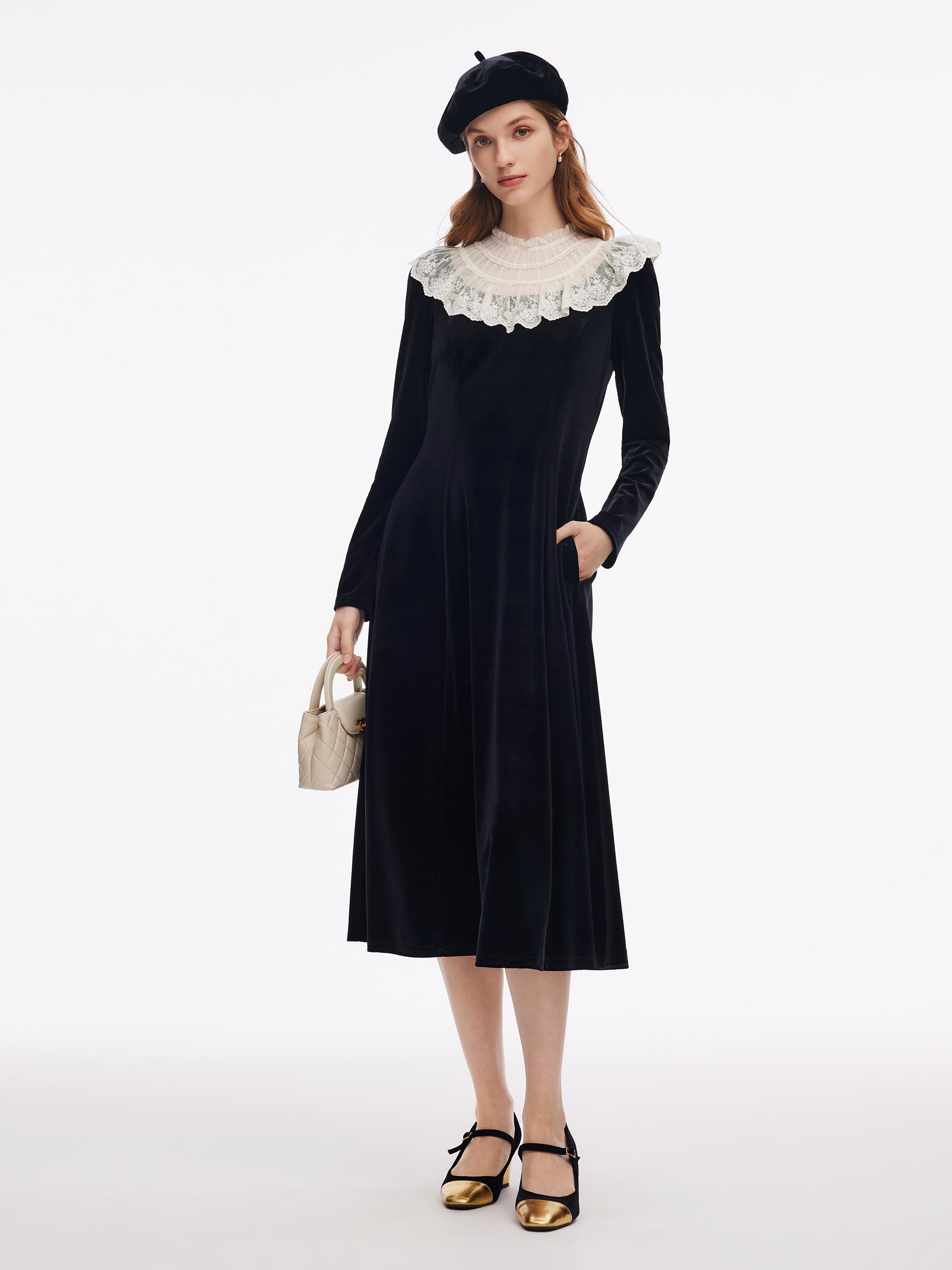 Velvet Sheer Lace Collar Women Midi Dress With Beret