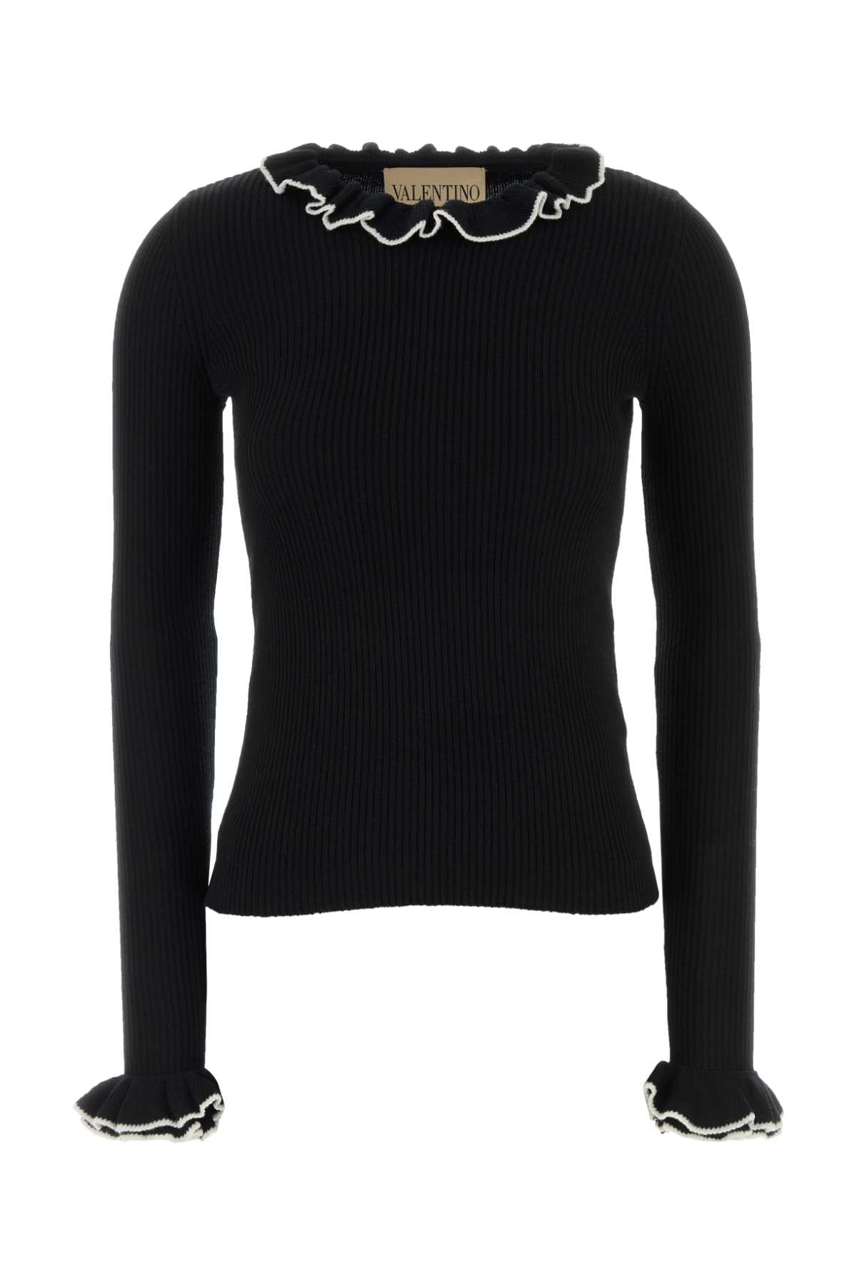 Ruffled Crew Neck Virgin Wool Sweater — Black