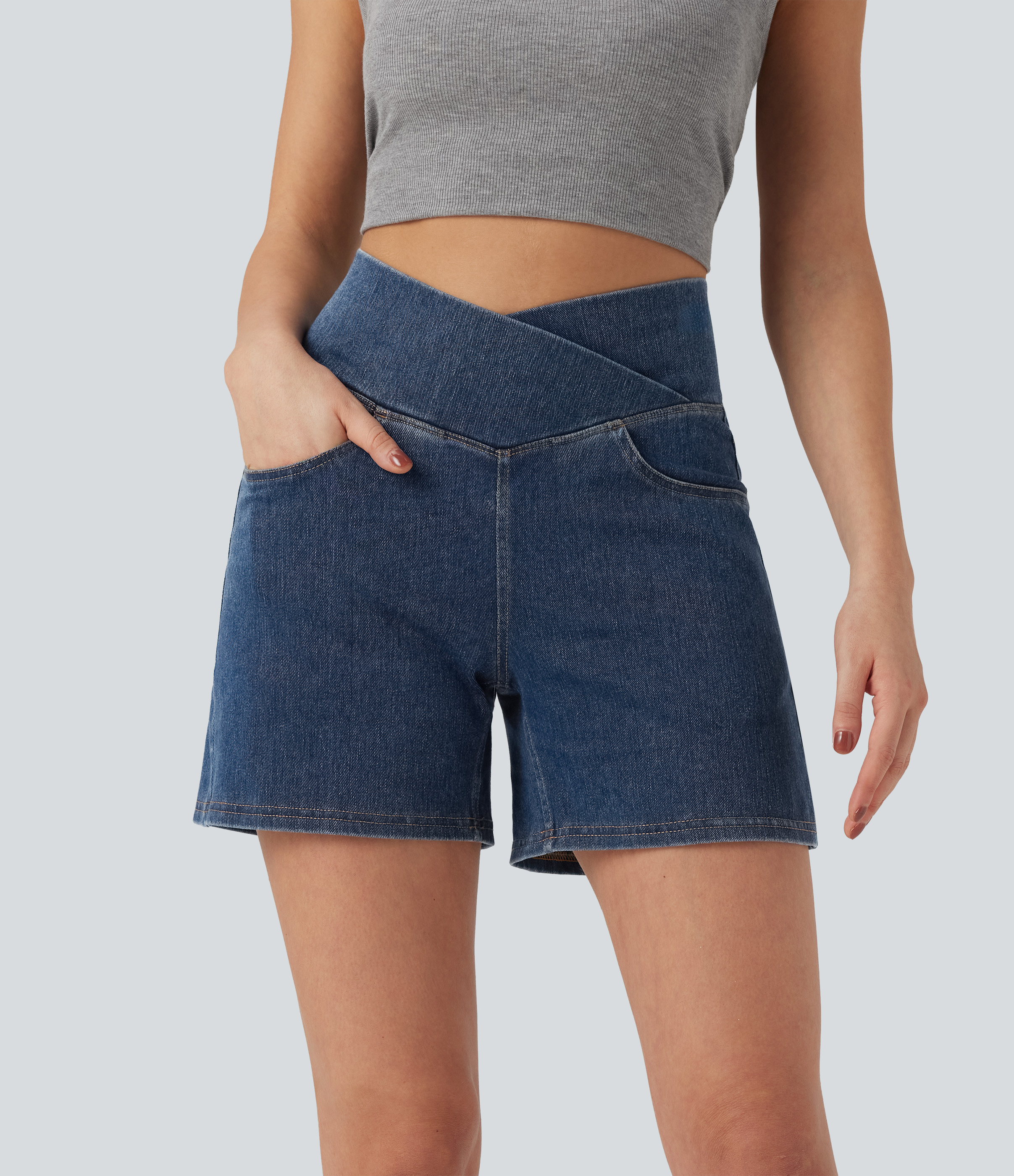 Halara Halara Flex™ Crossover High Waisted Pockets Wide Leg A Line Washed Denim Casual Shorts - Estate Blue Denim - XLregular