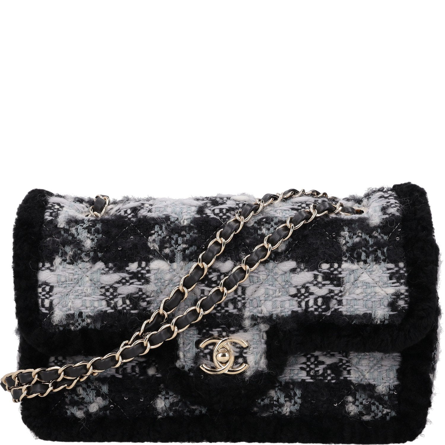 Tweed and Shearling Flap Bag — Black, White and Gray