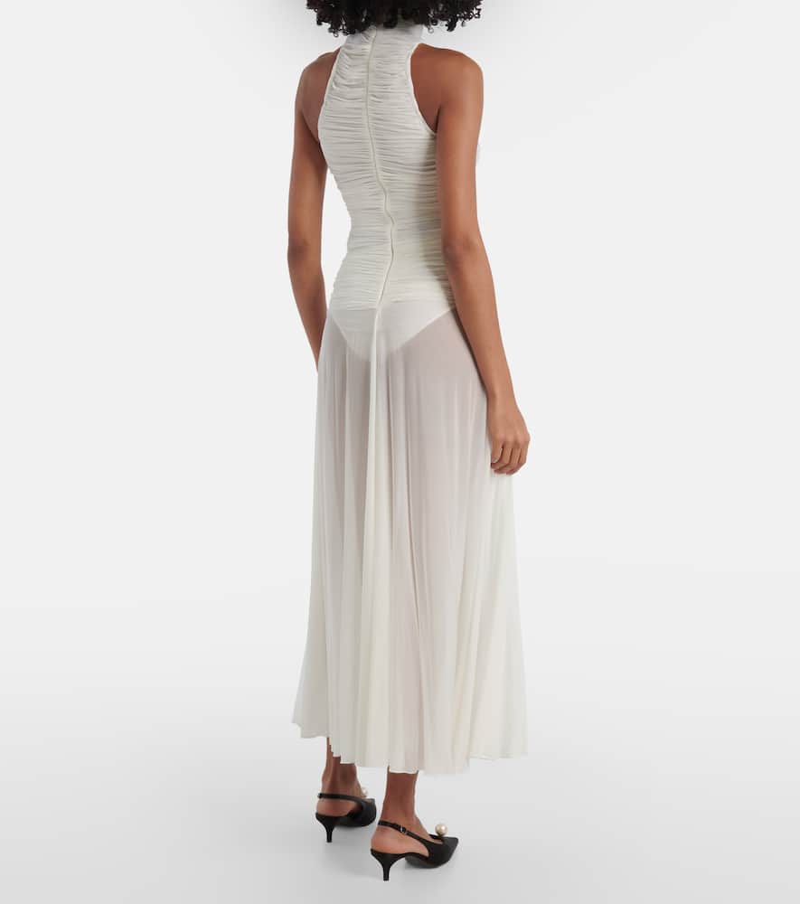 Ruched sheer high-neck maxi dress