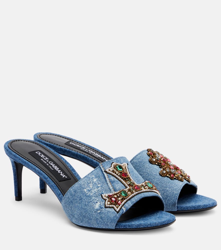 Crystal-embellished denim mules