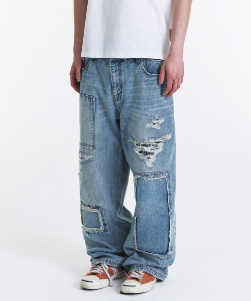 Square Patch Cut Wide Denim Pants