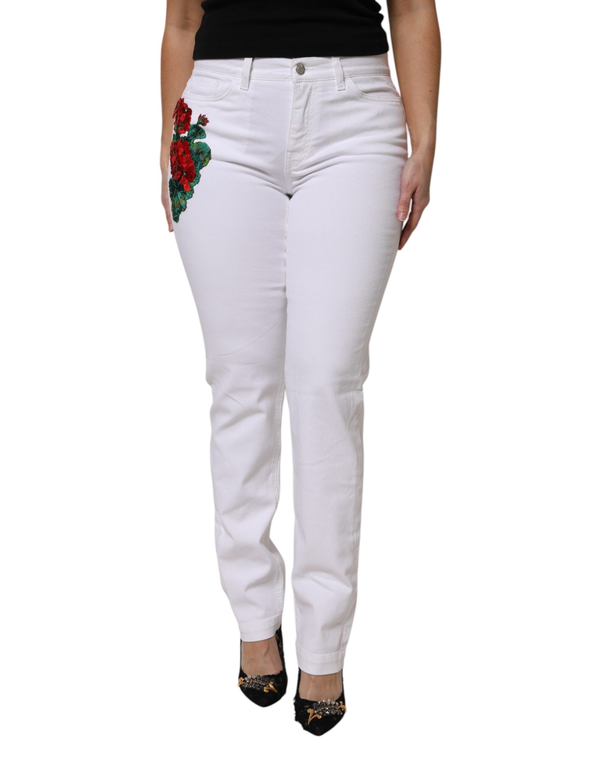 Floral Sequined Jeans — White