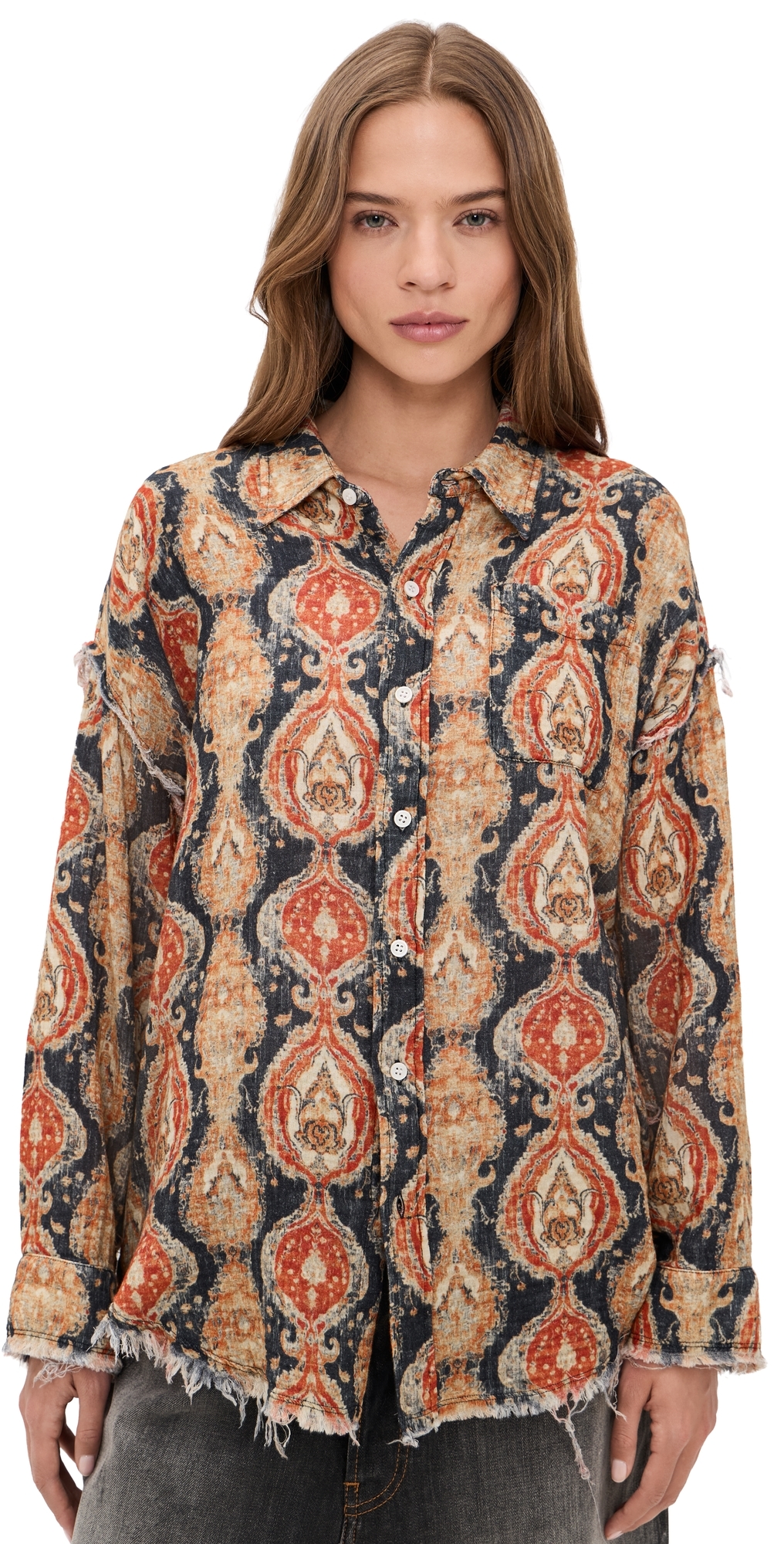 Shredded Seam Drop Neck Shirt Orange Dark Navy Multicolor
