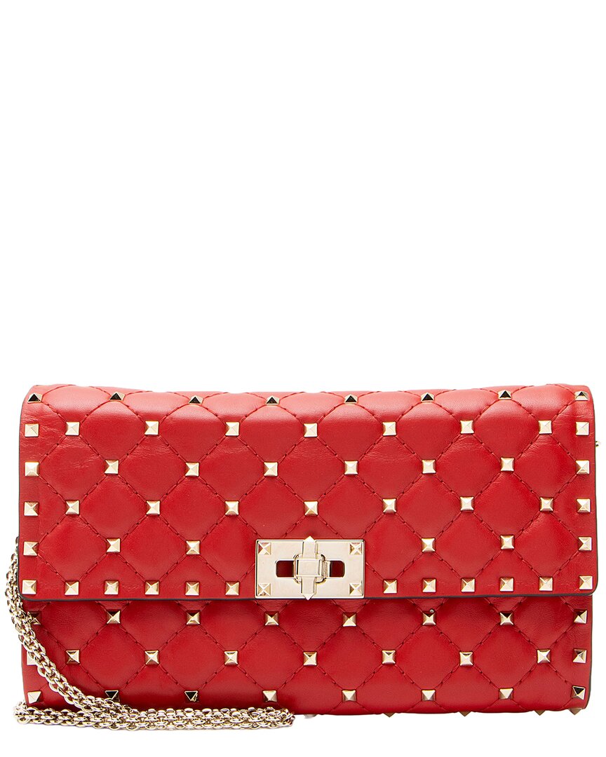 Red Leather Rockstud Spike Wallet On Chain (Authentic Pre-Loved)