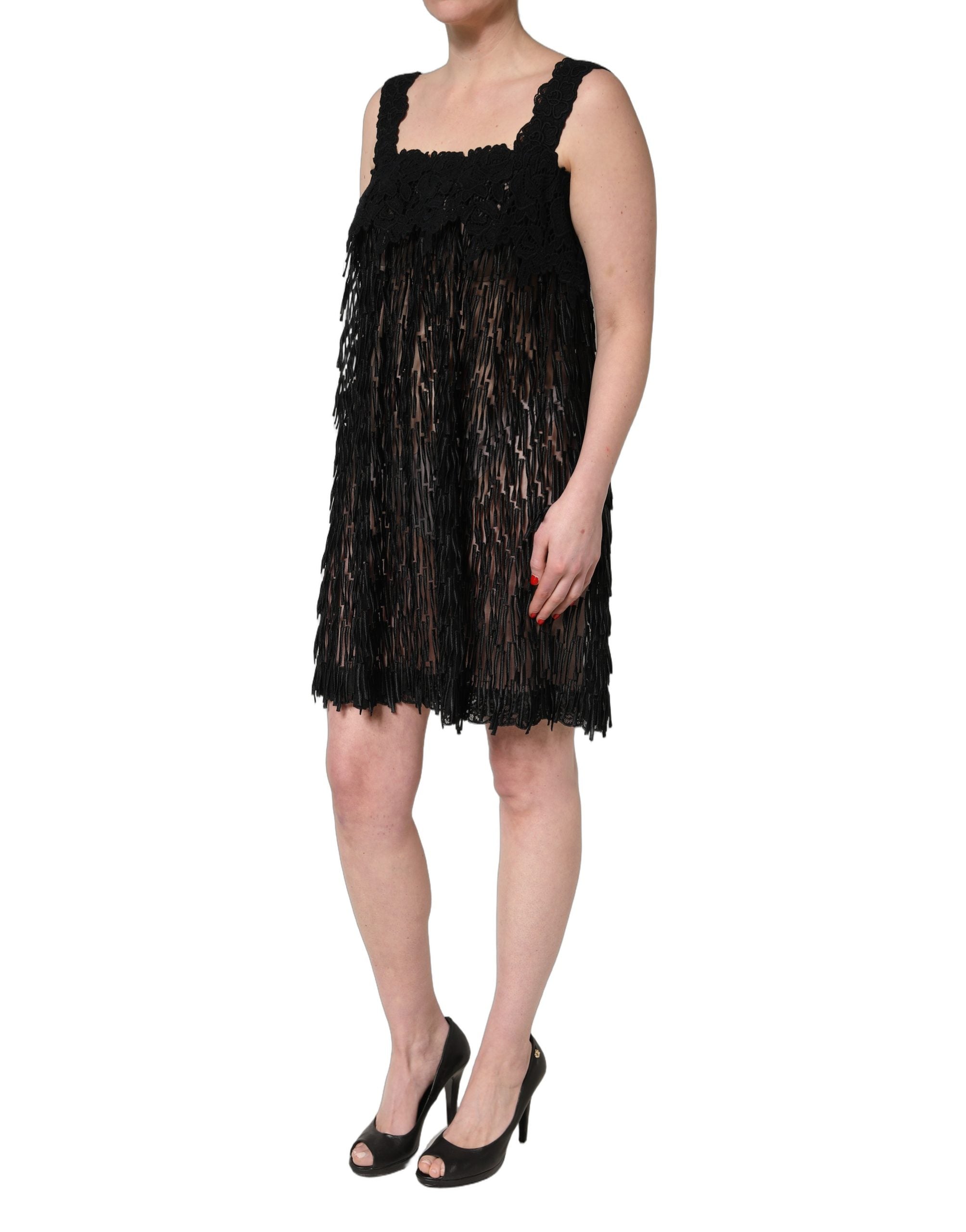Fringed Viscose Mini Dress — Black