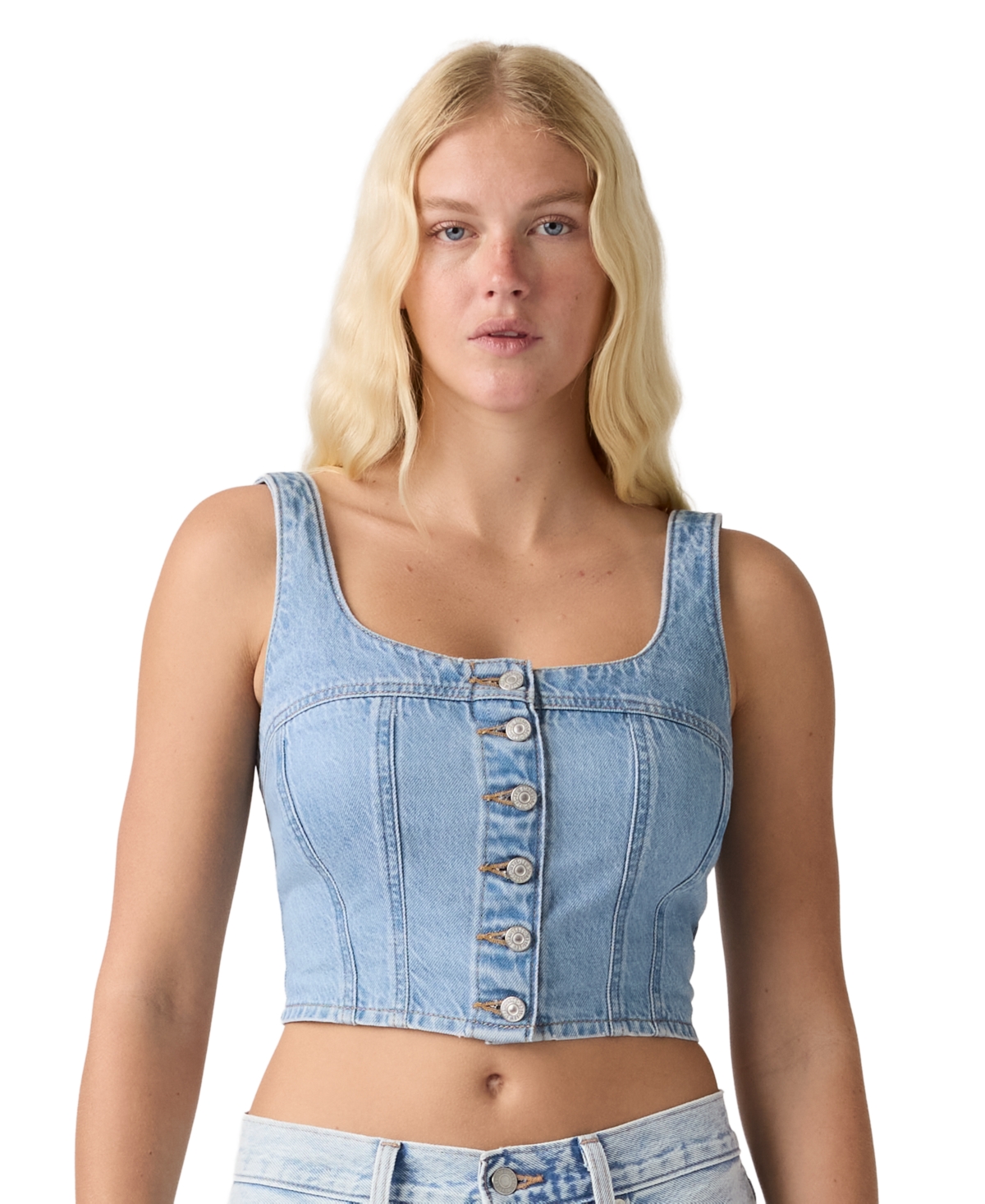 Women's Audra Seamed Top Cap Sleeveless Square Neck Crop Denim Top - I Will