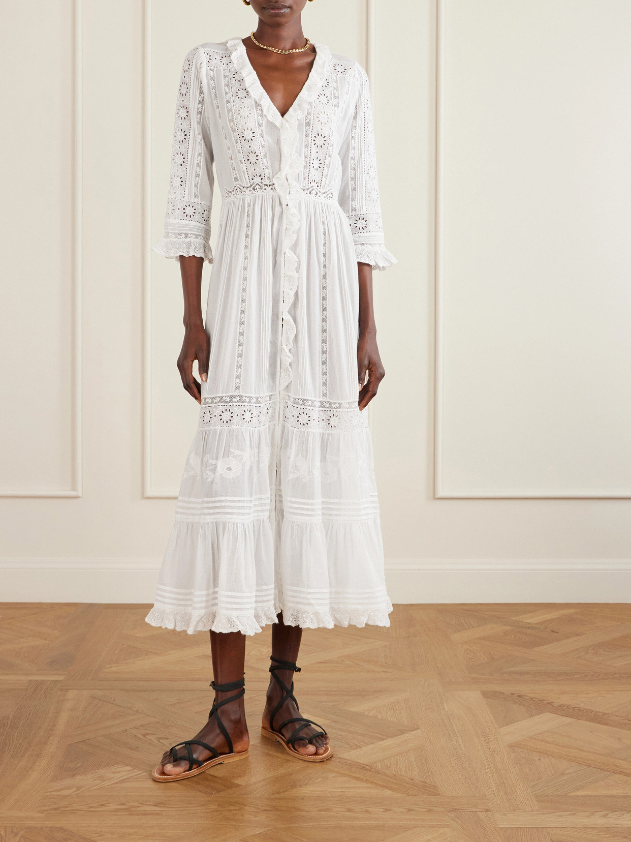 Clemencia Ruffled Lace-trimmed Organic Cotton-voile Midi Dress - White