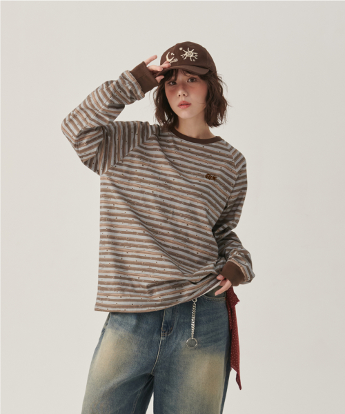 Brush Stripe Star Full Print Long Sleeve Brown