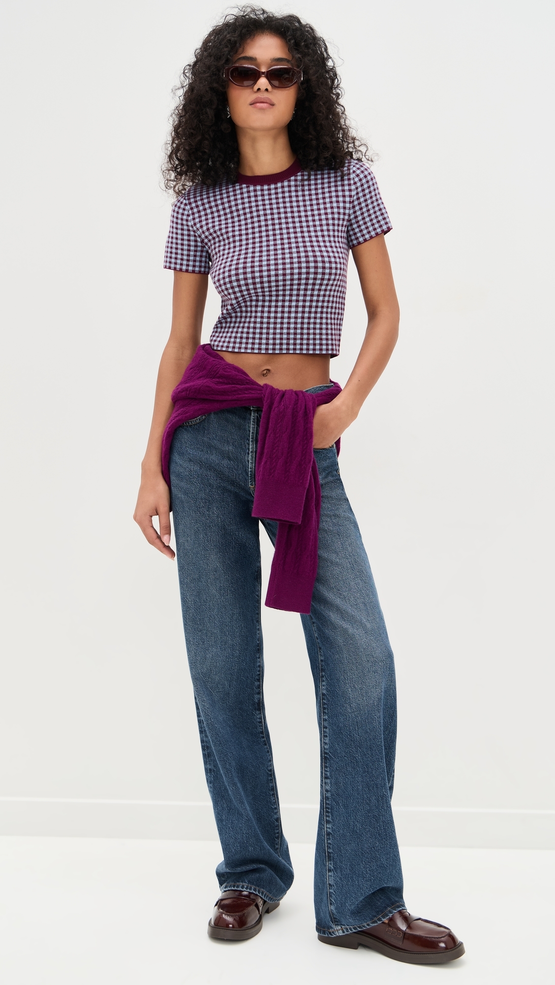 Gingham Knit Tee Burgundy/Light Blue