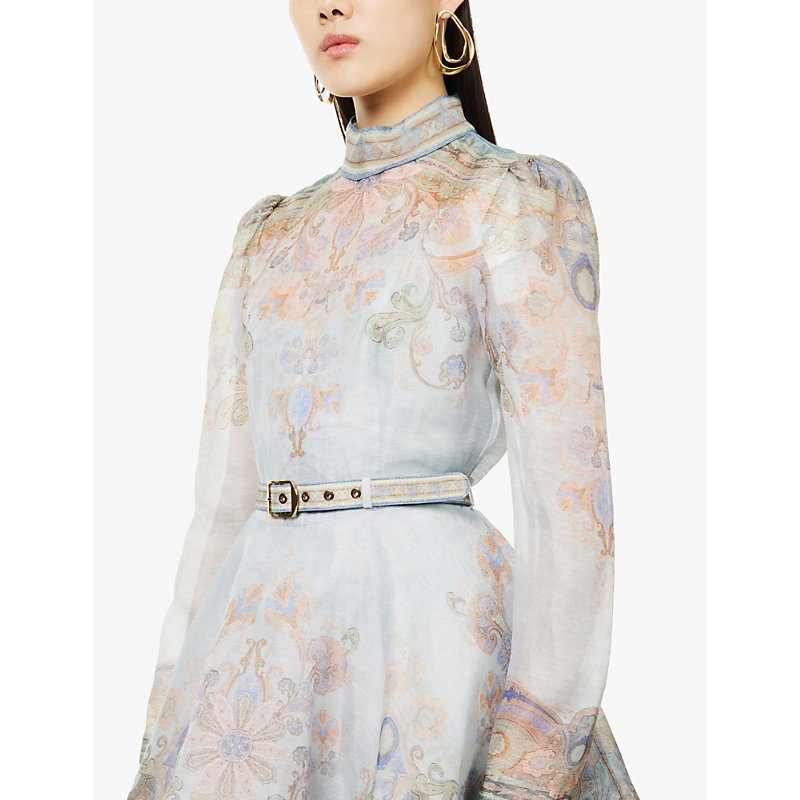 Womens Blue Paisley Eden Belted Flower-and-paisley-print Linen and Silk-blend Mini Dress 