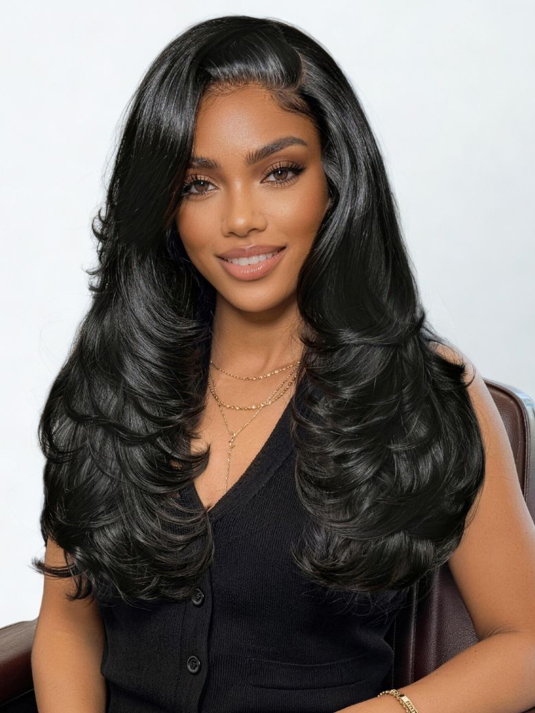 200% Density 7x5 Bye-Bye Slip™ Lace Feathered Blowout Wig with Face-Framing Layers and Deep Side Part Bang