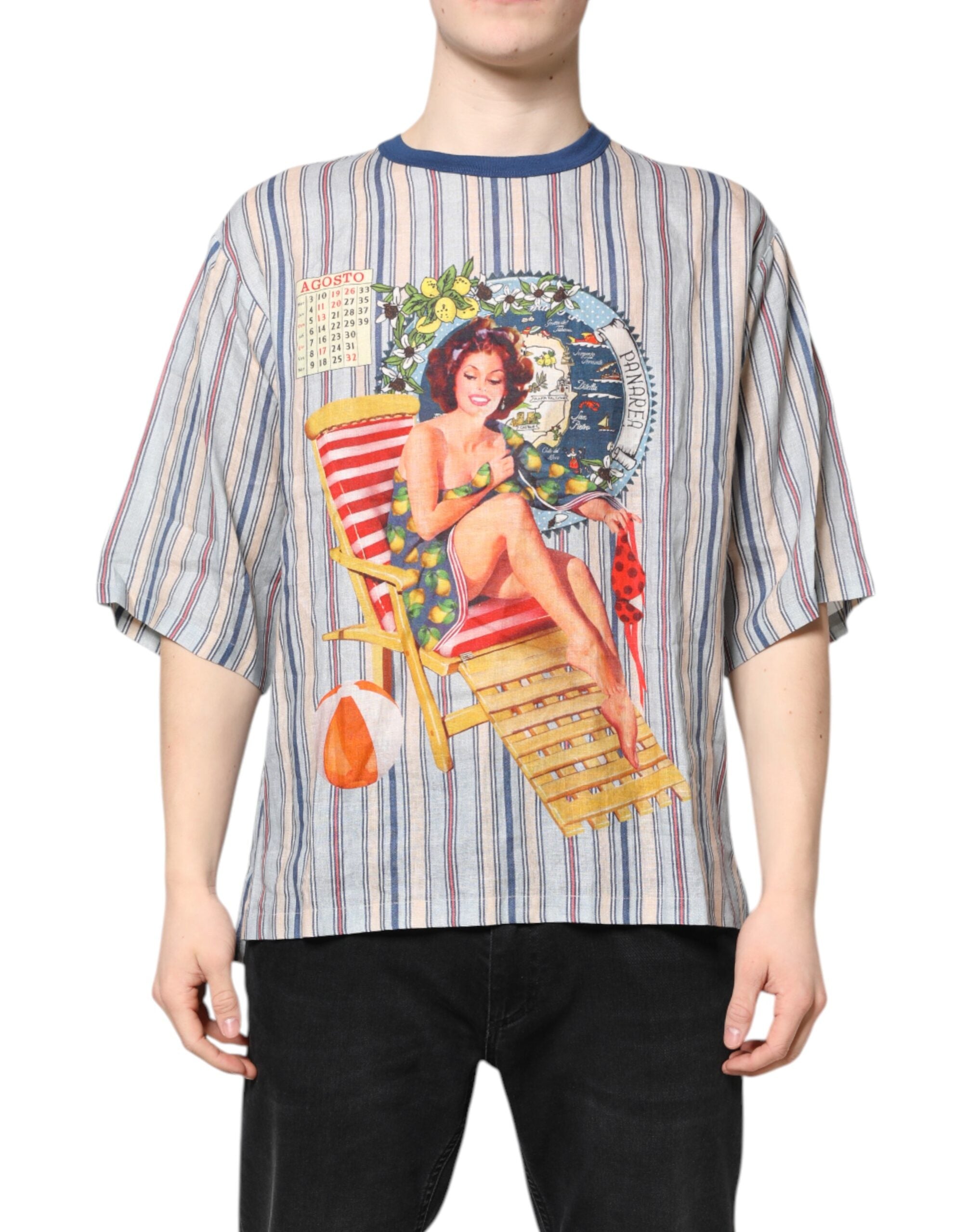 Striped Graphic Linen T-Shirt — Multicolor