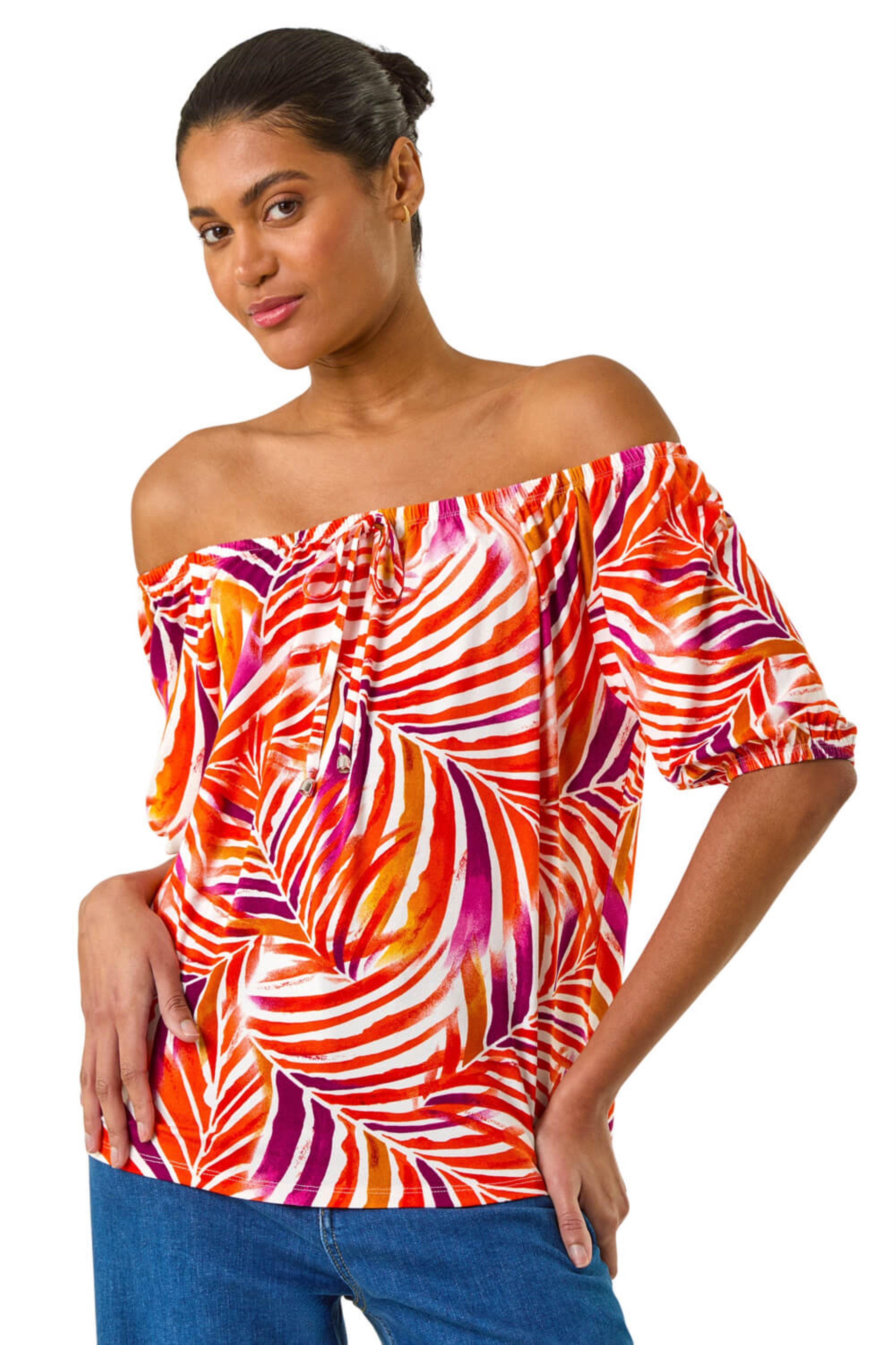 Roman Womens Floral Print Bardot Stretch Top - Red