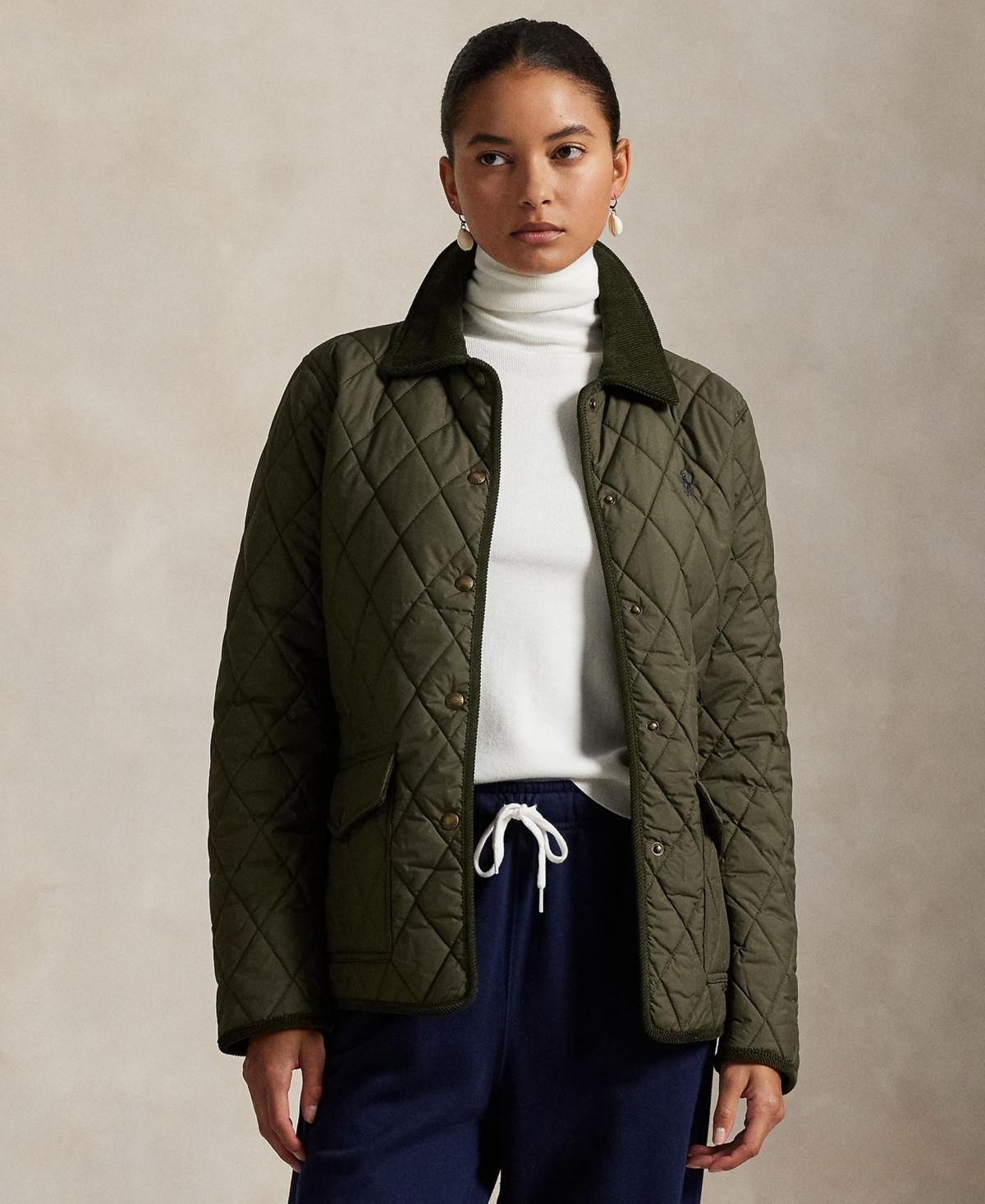 Women's Corduroy-Trim Quilted Barn Jacket - Ranger Green