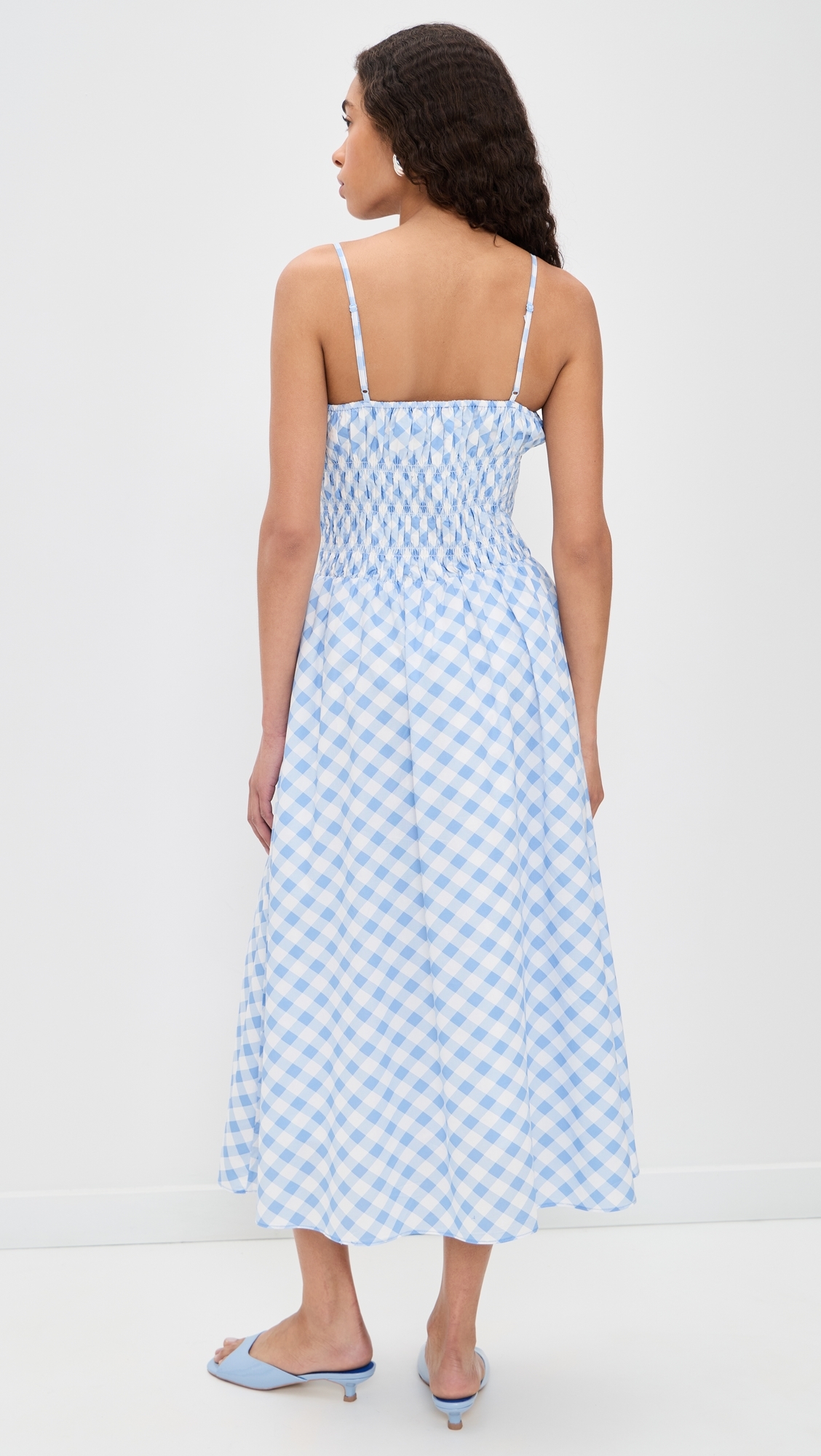 Checked Smocked Midi Dress Powder Blue