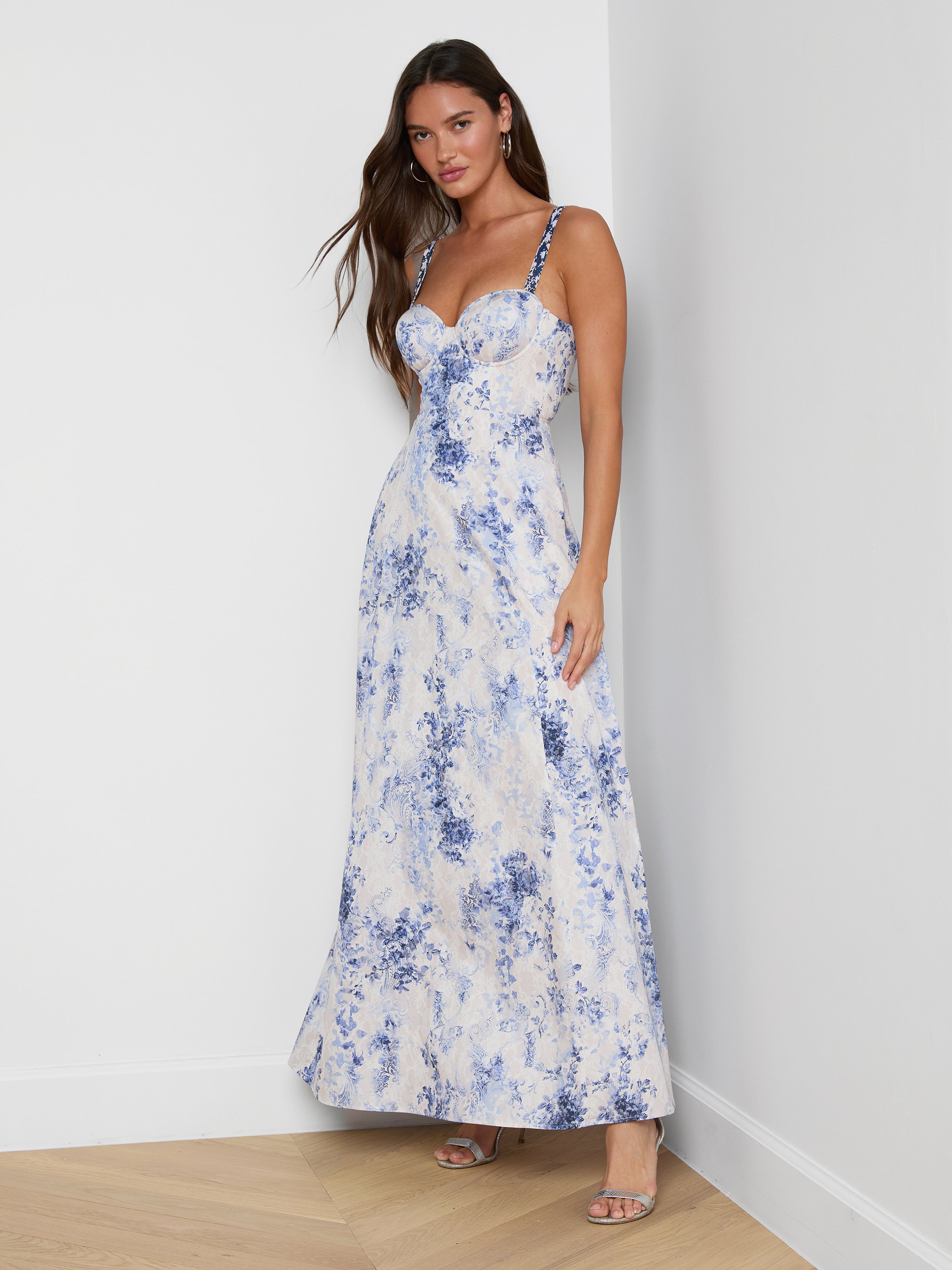 Sutton Beaded Strap Gown In Ivory/blue Watercolor Lace Paisley