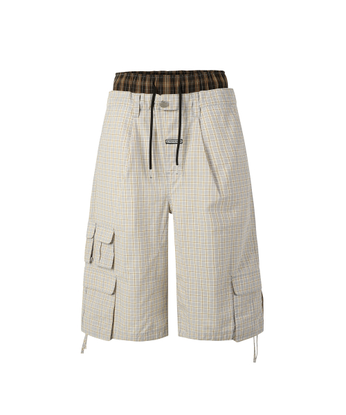 LAYERED CHECK CARGO SHORTS CREAM