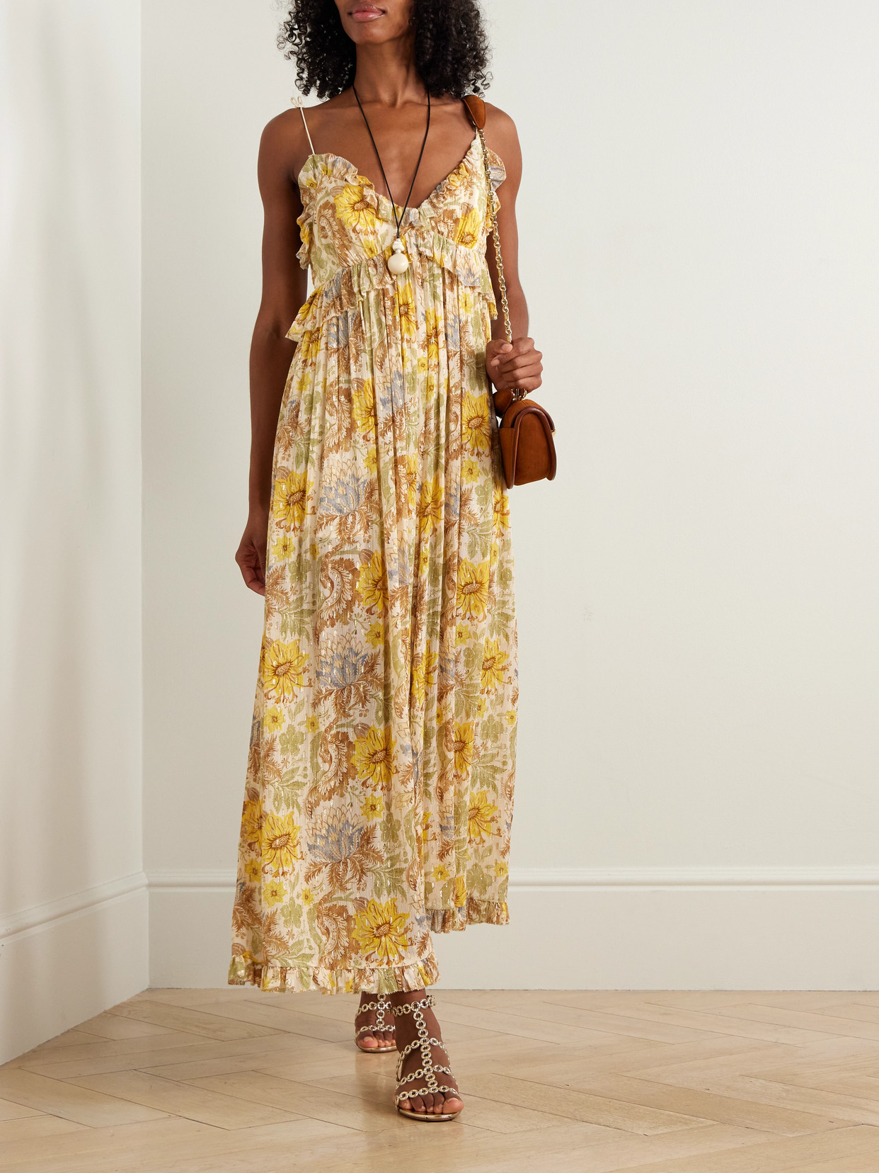 Daylight Ruffled Floral-print Metallic Fil Coupé Gauze Jumpsuit - Orange