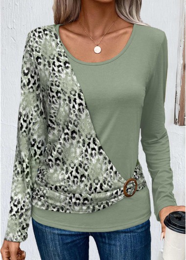 Modlily Sage Green Patchwork Leopard Long Sleeve T Shirt