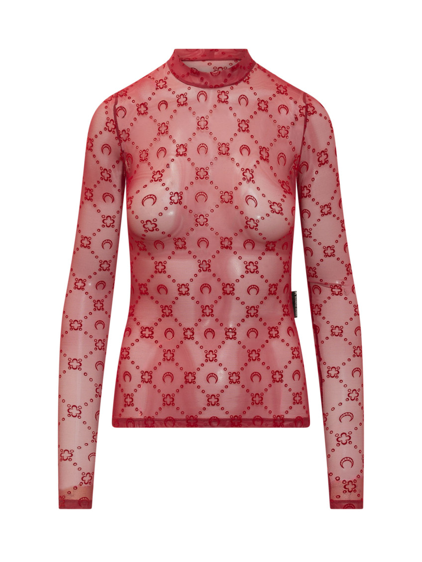 Red Geometric Mock Collar Top