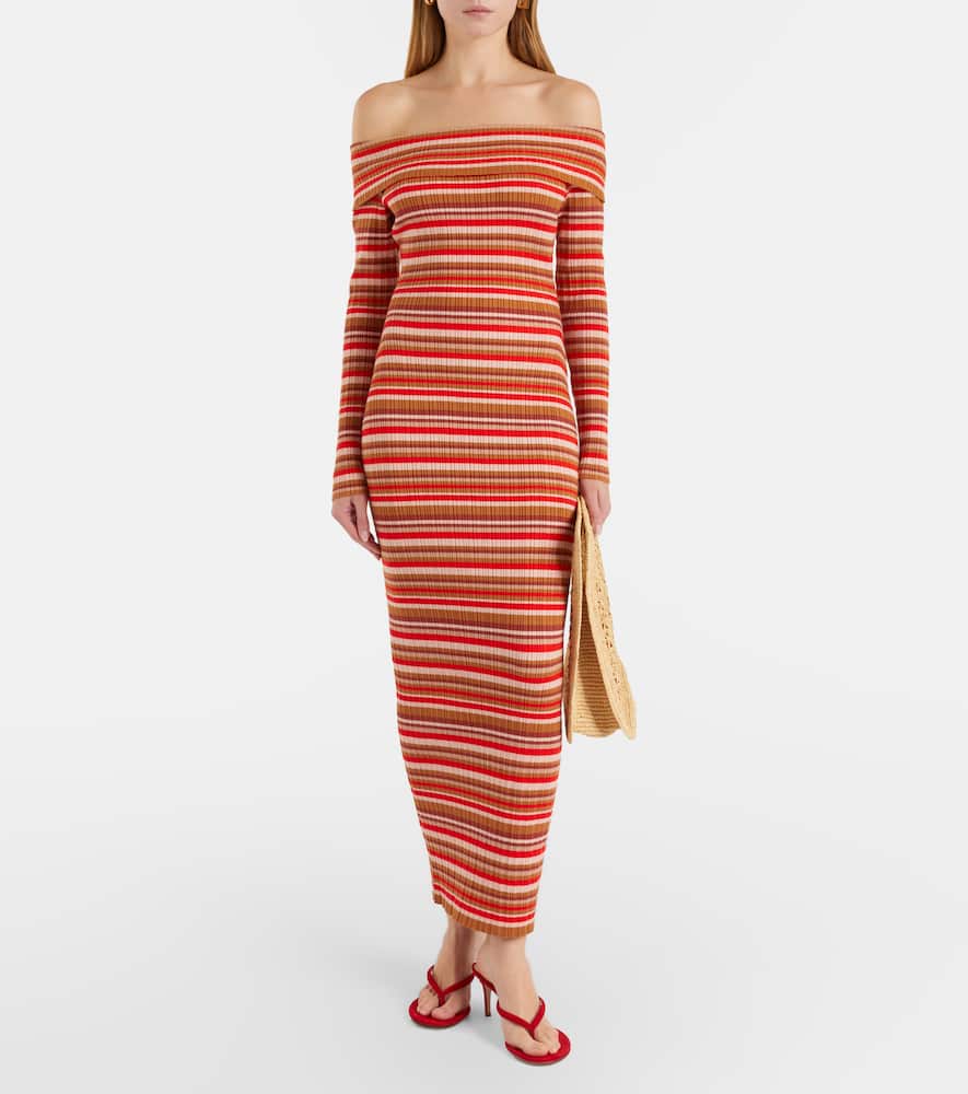 Bonnie ribbed-knit striped off-shoulder maxi dress