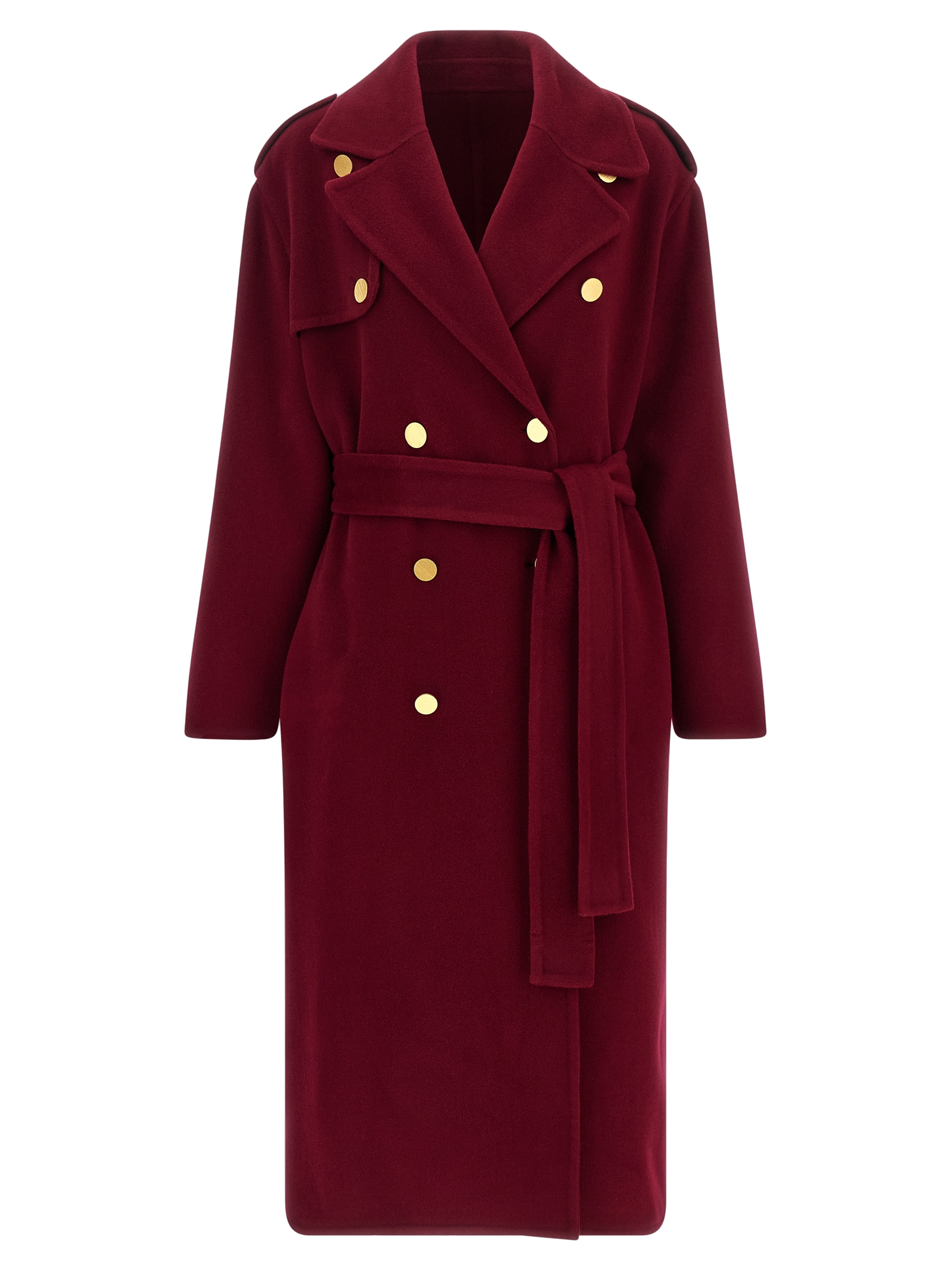 Double-Breasted Wool Blend Coat — Burgundy