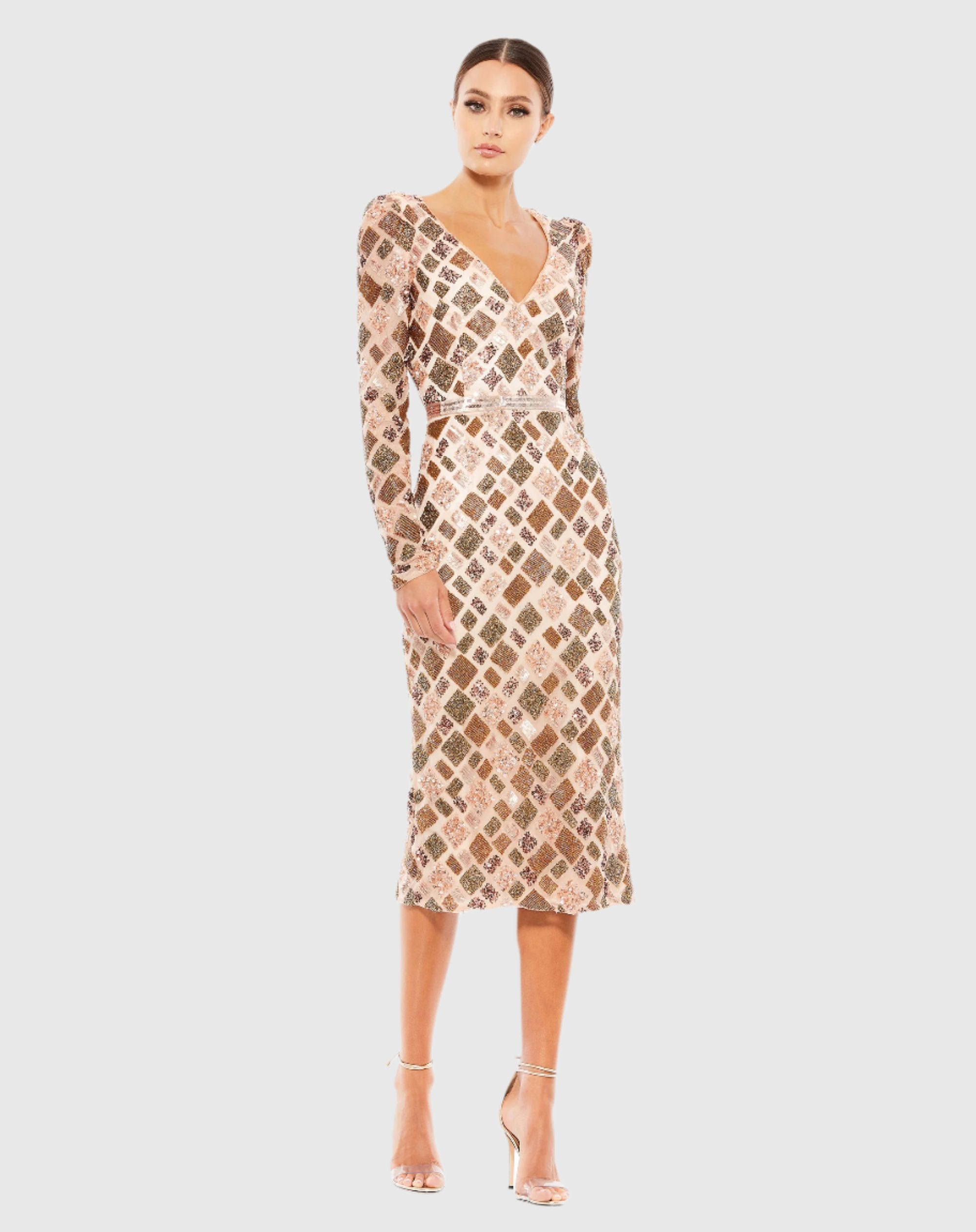 Geo Embellished Midi Sheath Wedding Guest Dress In Chocolate