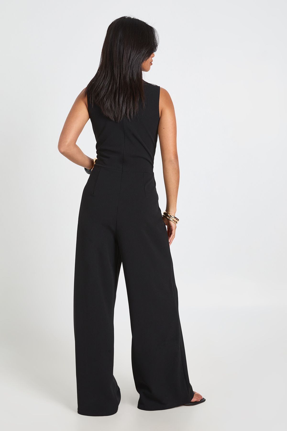 Boohoo Womens Petite Tailored High Neck Cinched Waist Wide Leg Jumpsuit - Black