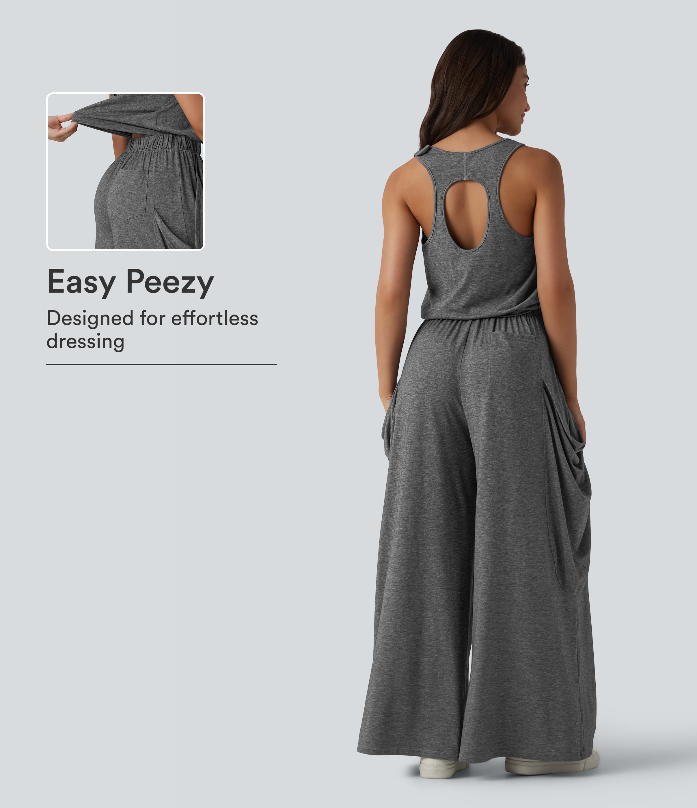 Sleeveless Cut Out Wide Leg Casual Jumpsuit with Pockets-Easy Peezy Edition  - Darl Gray Floral Yarn