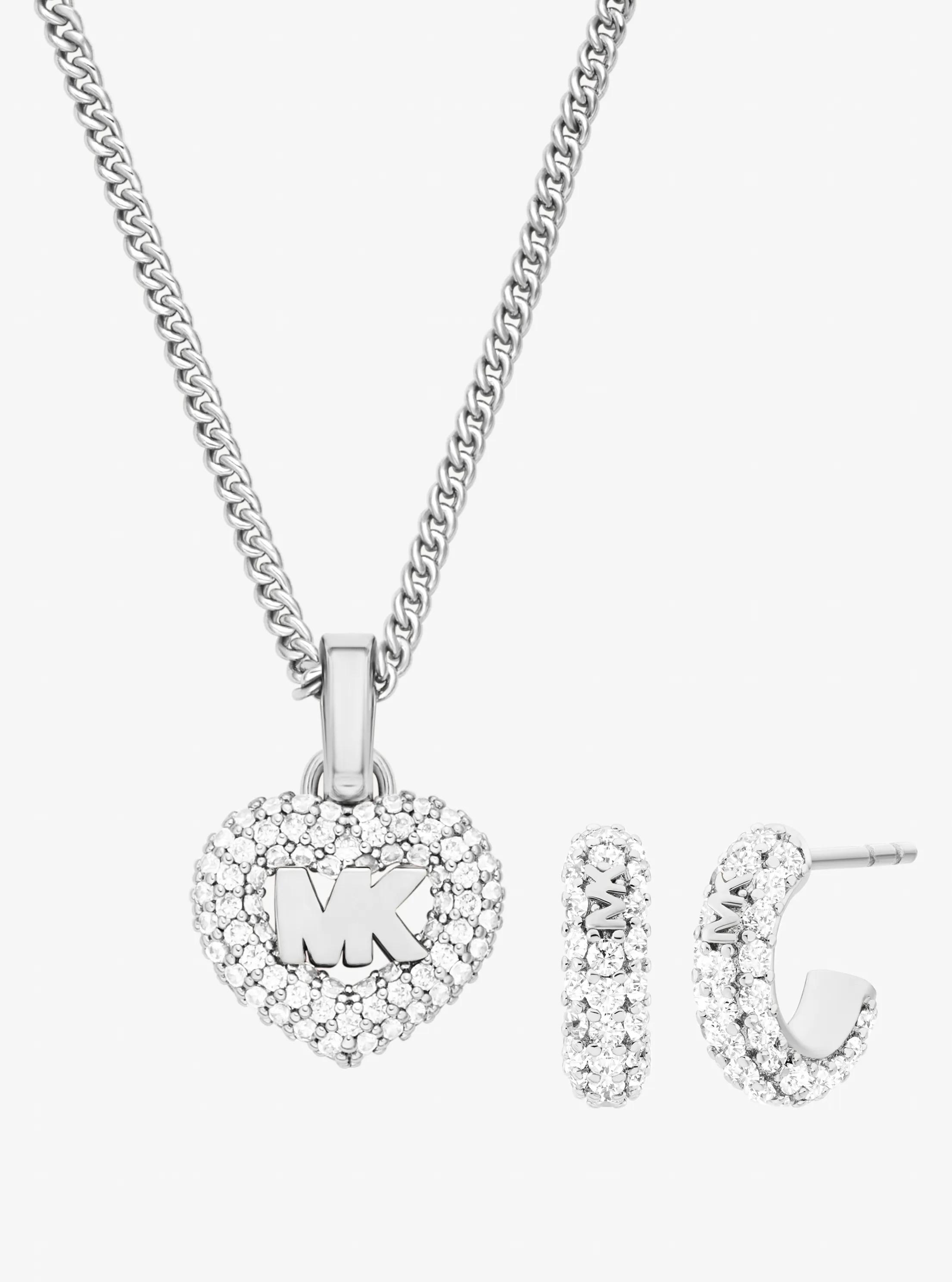 Pavé Heart and Logo Necklace and Hoop Earrings Jewelry Gift Set in Silver - One Size