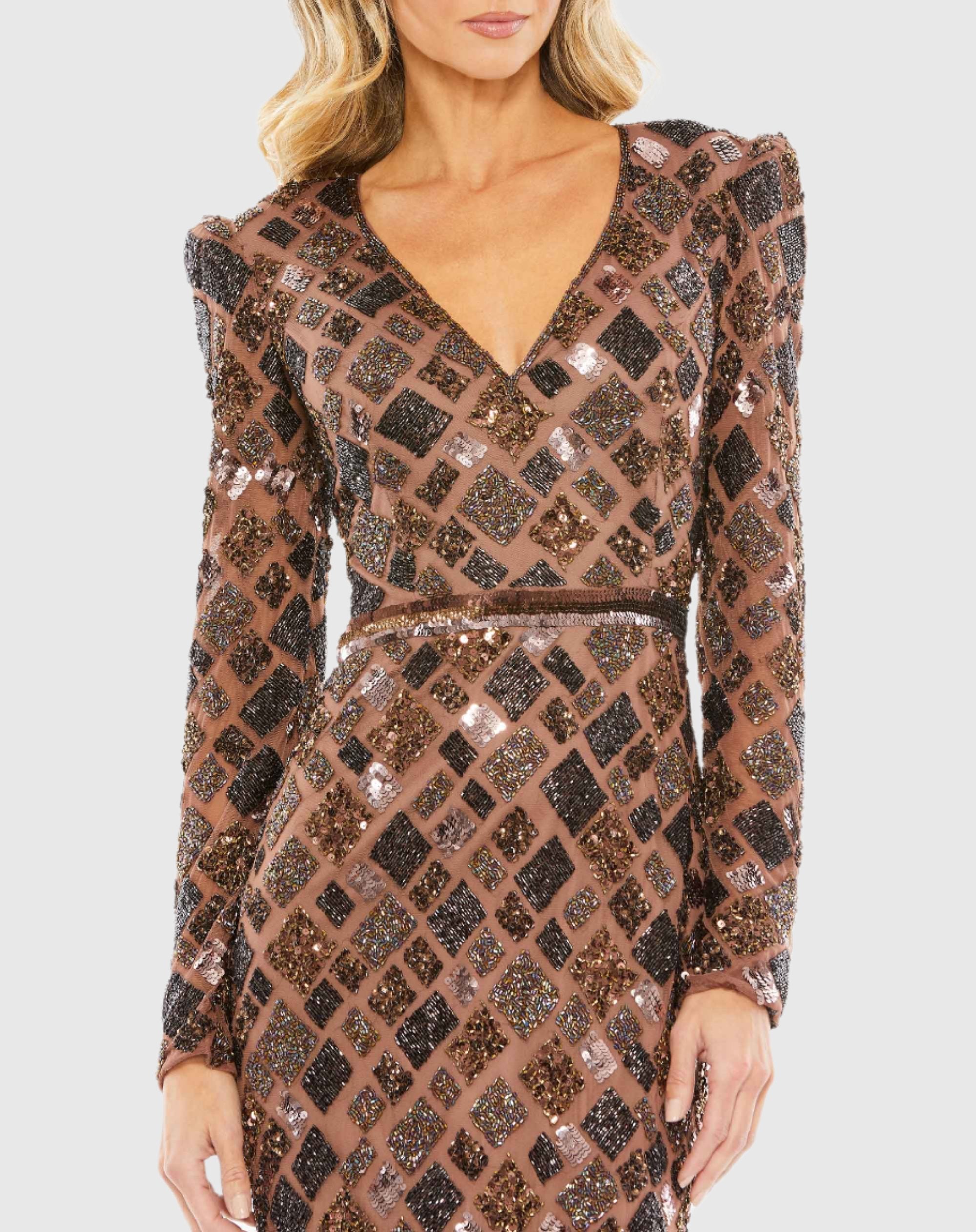 Geo Embellished Midi Sheath Wedding Guest Dress In Chocolate