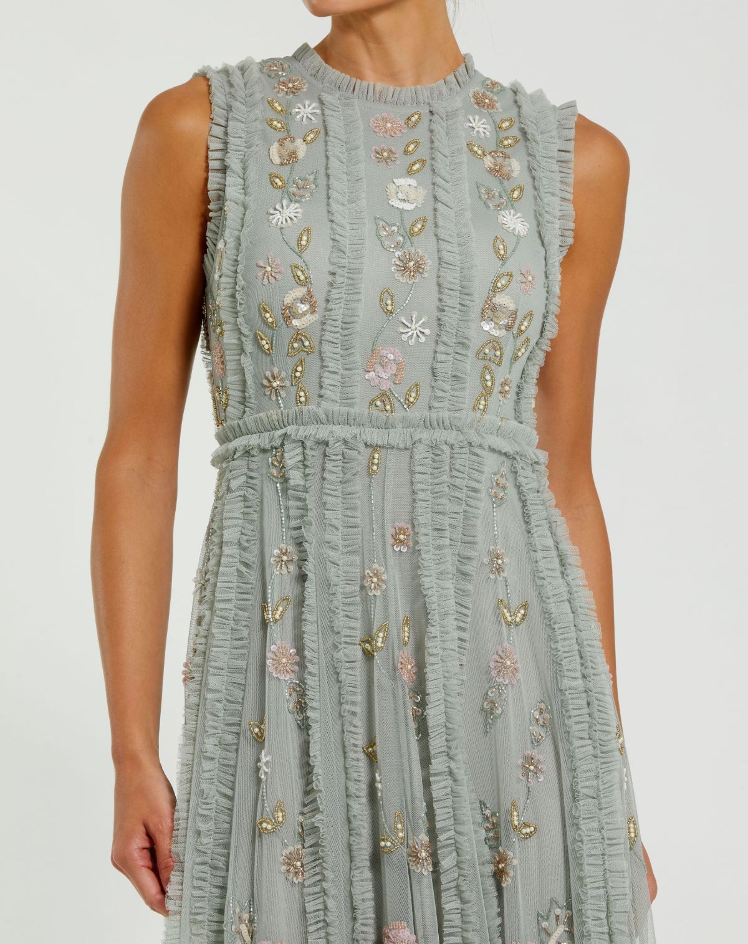 Floral Mesh Sleeveless A Line Micro Ruffle Maxi Gown In Sage Green Multi