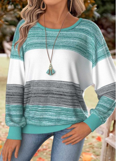 Modlily Mint Green Tummy Coverage Striped Long Sleeve T Shirt