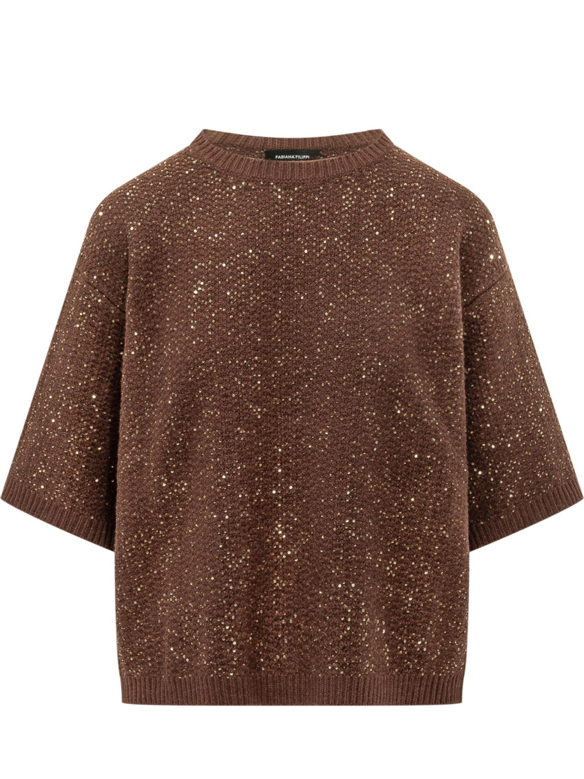 Brown Embellished Crew Neck Sweater