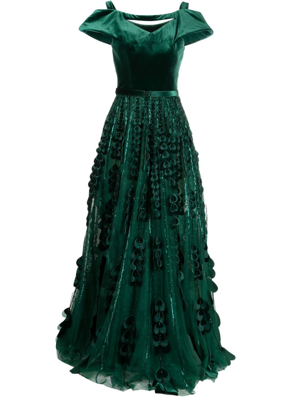 Heart-appliqué beaded tulle dress - Green