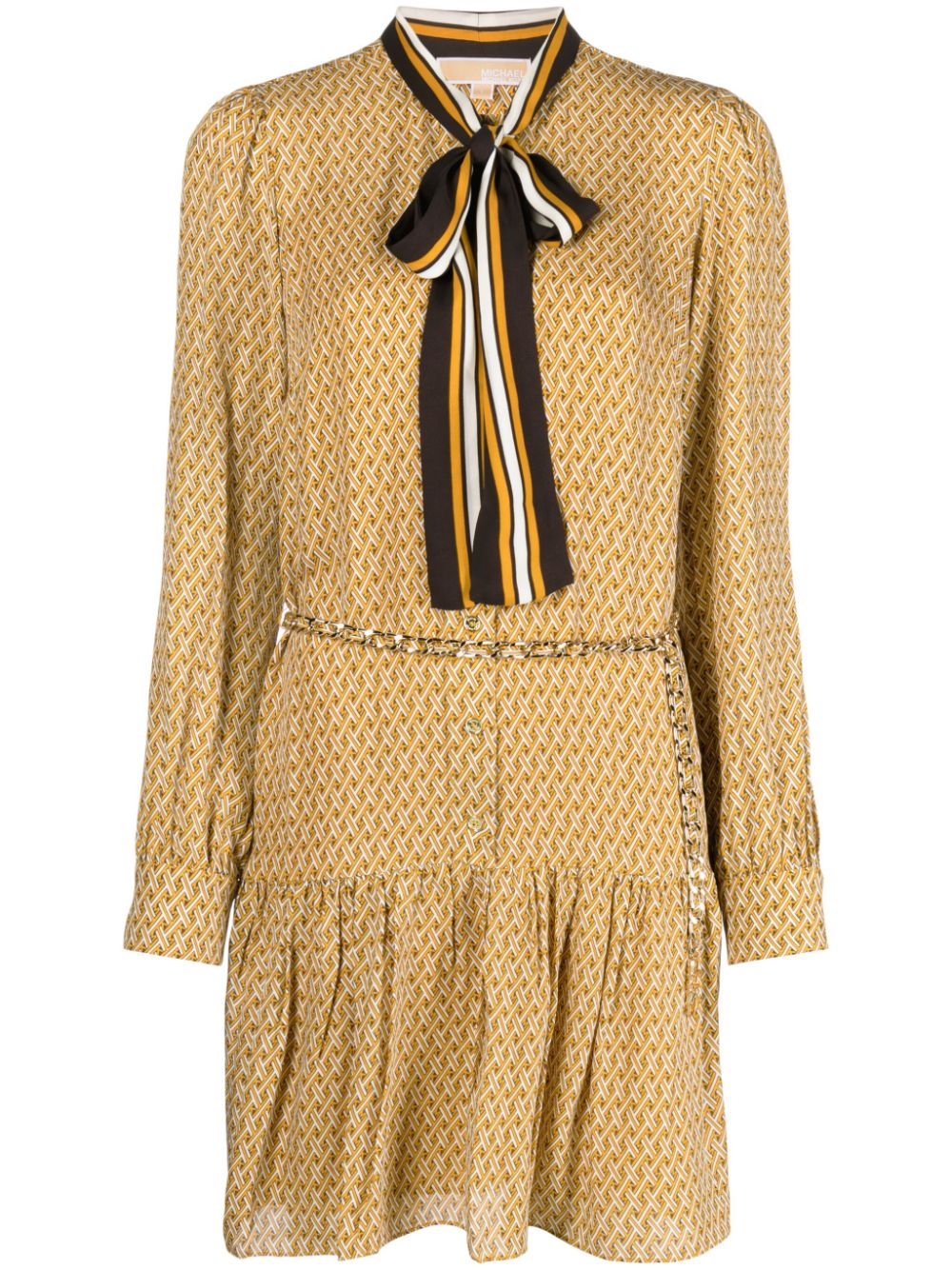 Lattice-pattern belted midi dress - Yellow