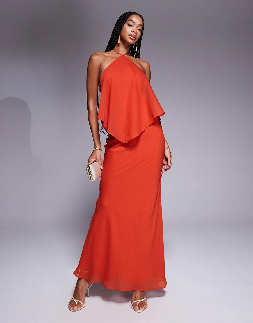 Double layer halter bias cut maxi dress in rust-Red